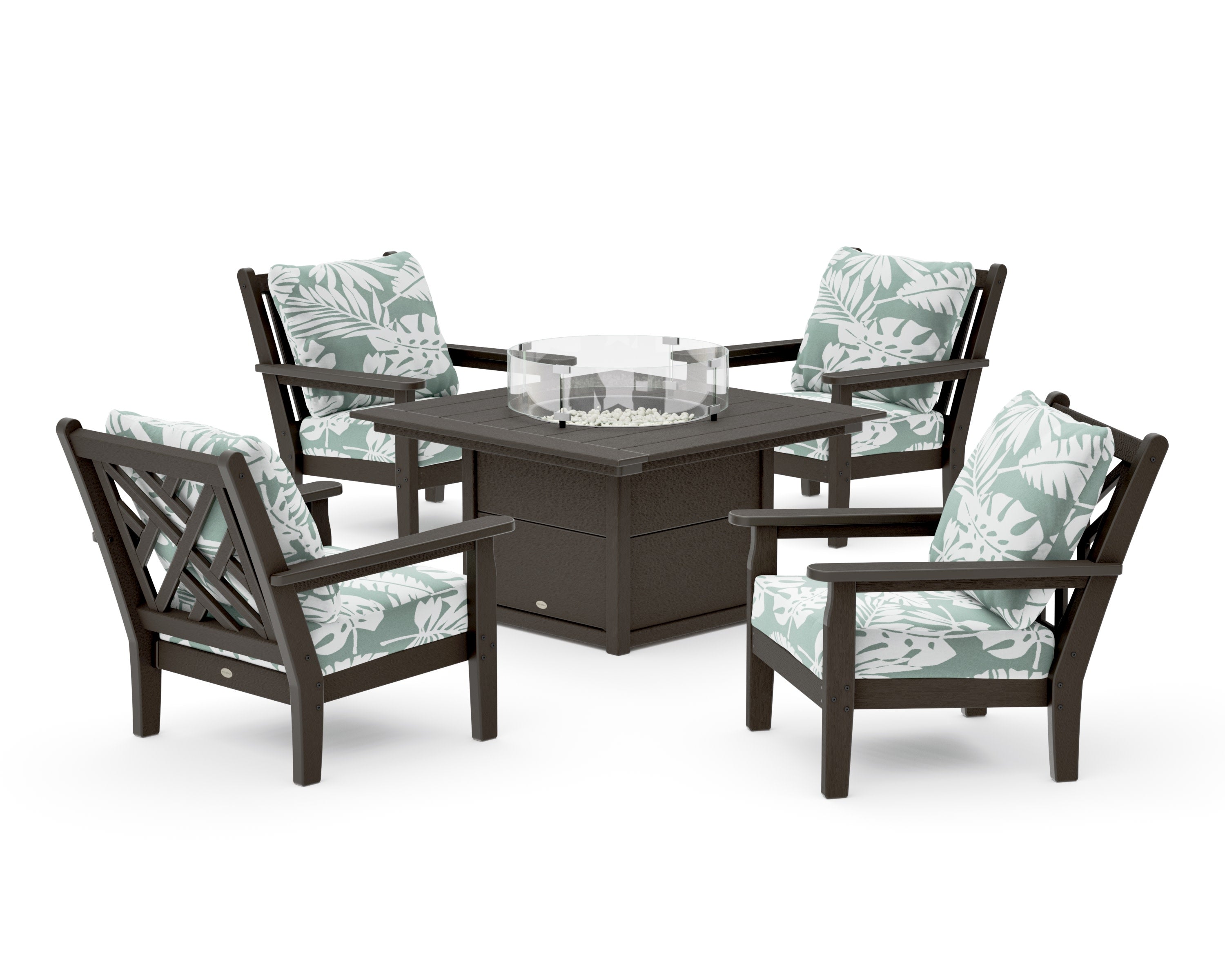 Chippendale 5-Piece Deep Seating Set with Fire Pit Table in Vintage Coffee / Leaf Glacier Spa