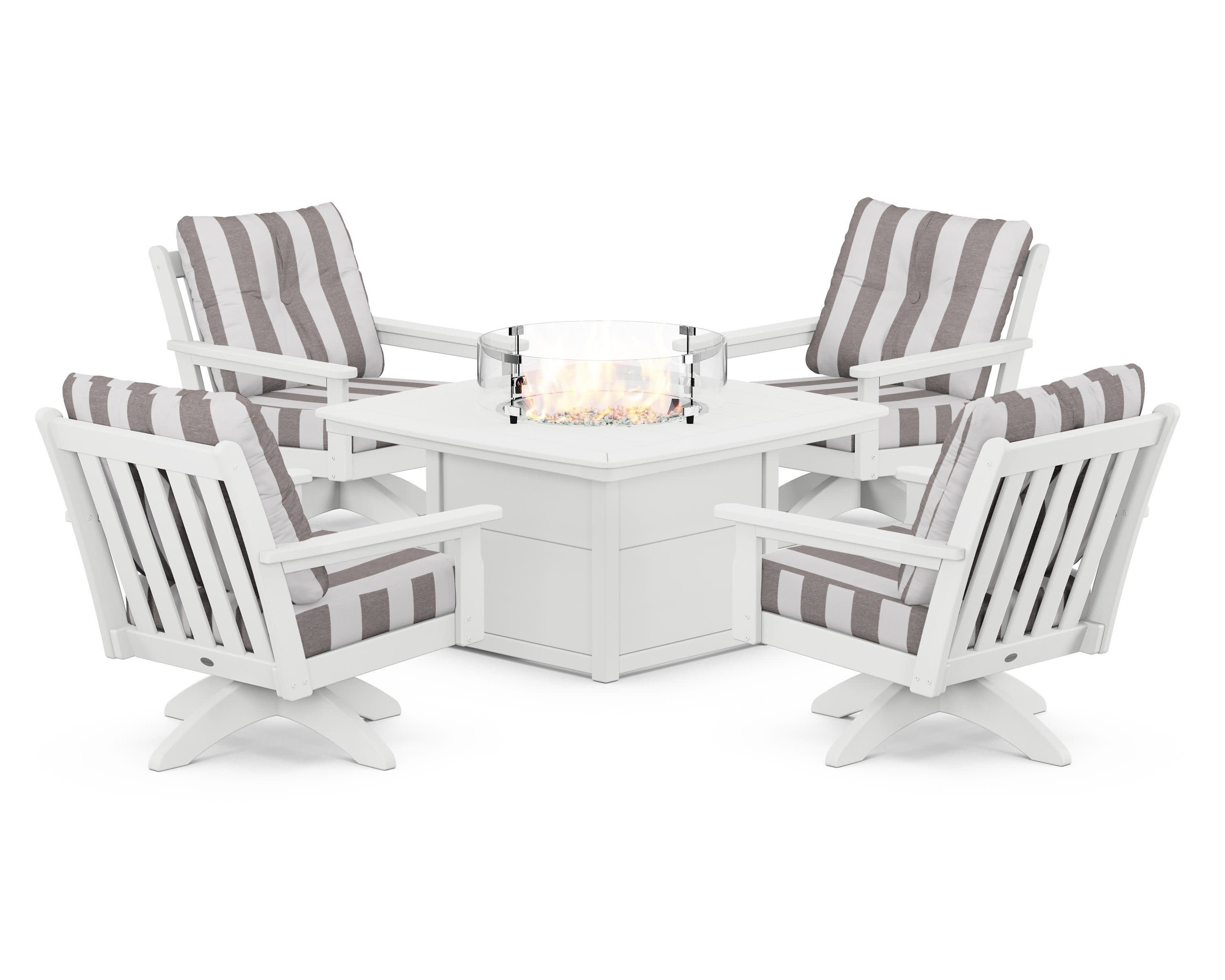 Vineyard 5-Piece Deep Seating Swivel Conversation Set with Fire Pit Table in White / Cabana Stripe Grey Mist