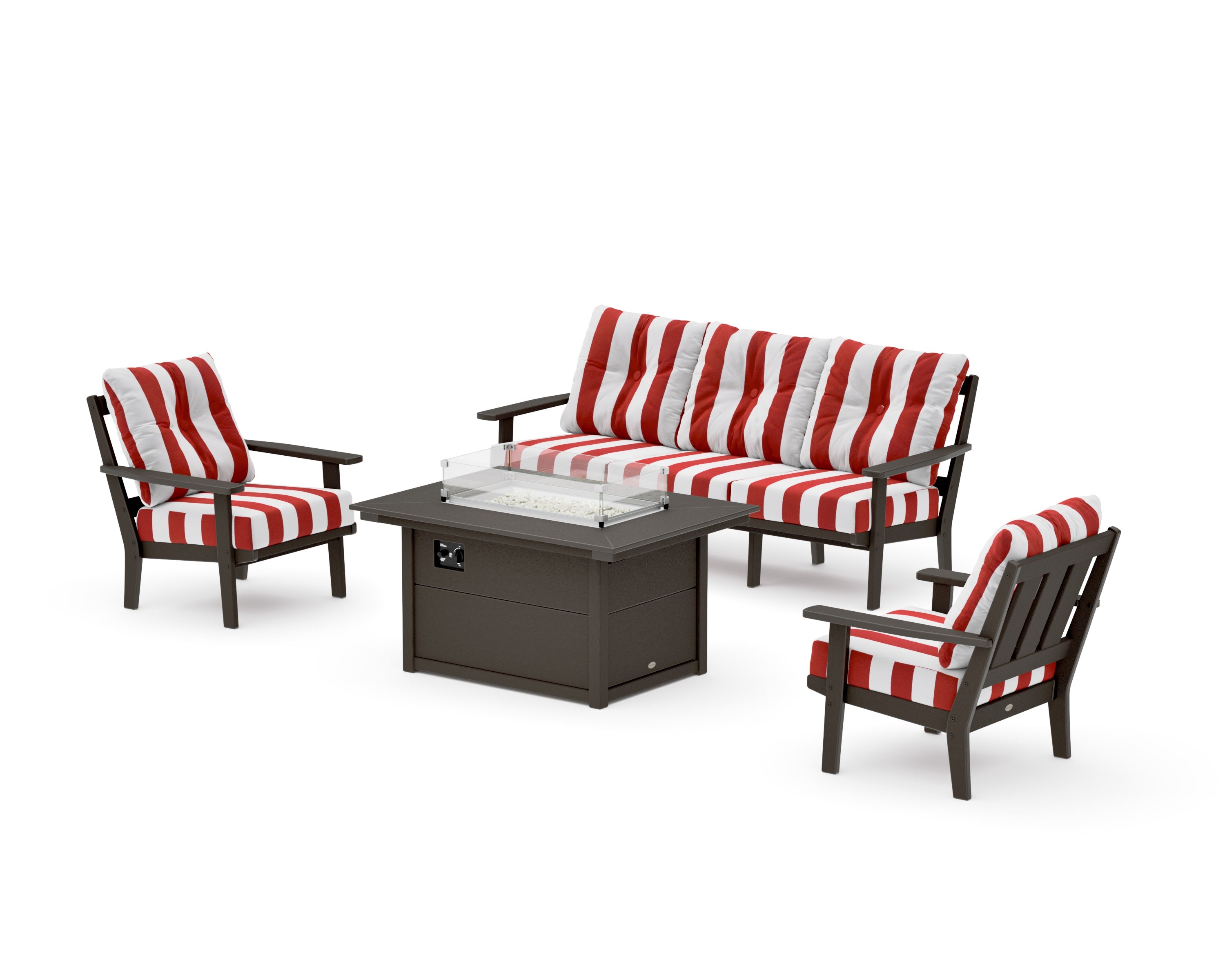 Oxford Deep Seating Fire Pit Table Set in Vintage Coffee / Cabana Stripe Crimson