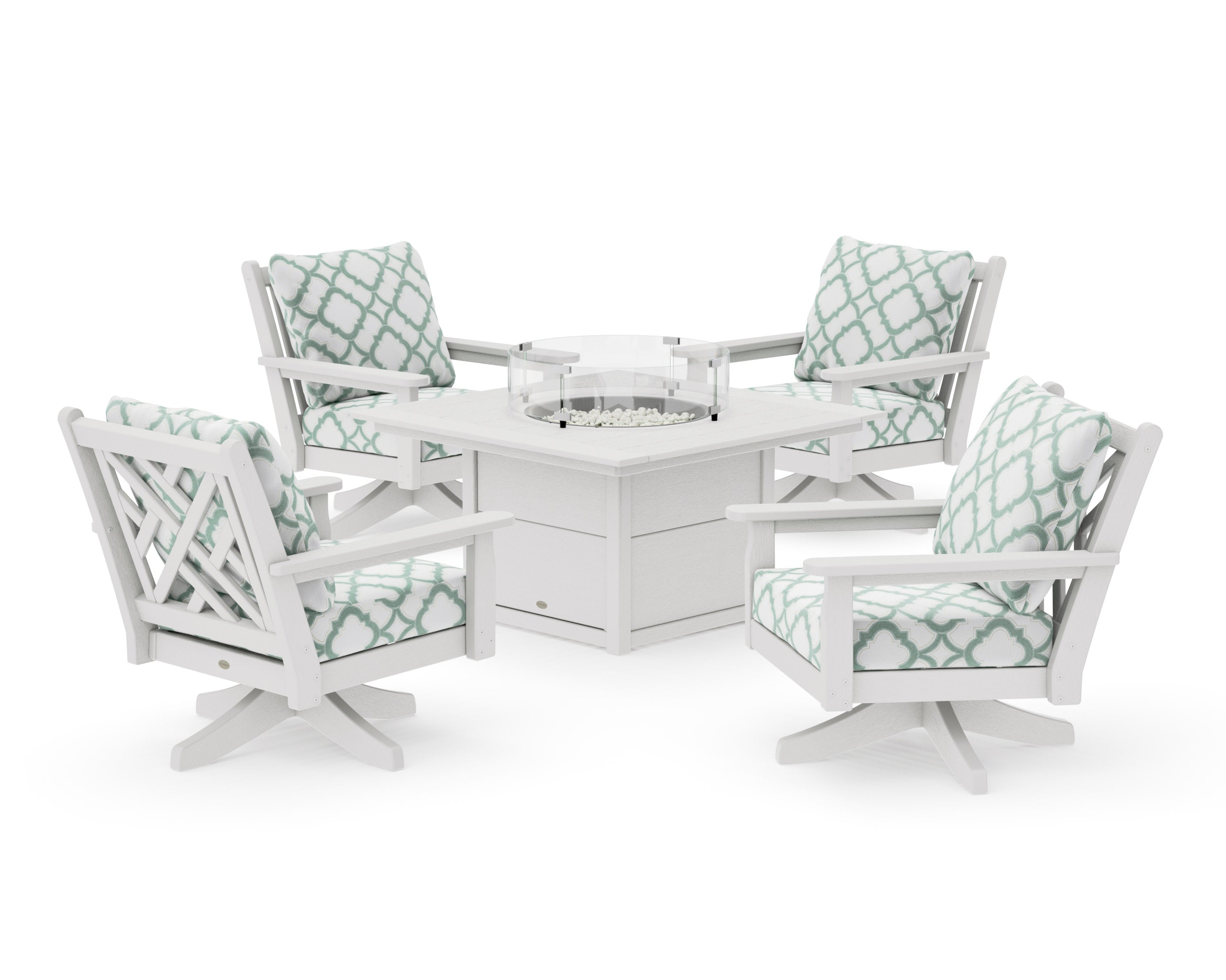 Chippendale 5-Piece Deep Seating Swivel Conversation Set with Fire Pit Table in Vintage White / Trellis Glacier Spa
