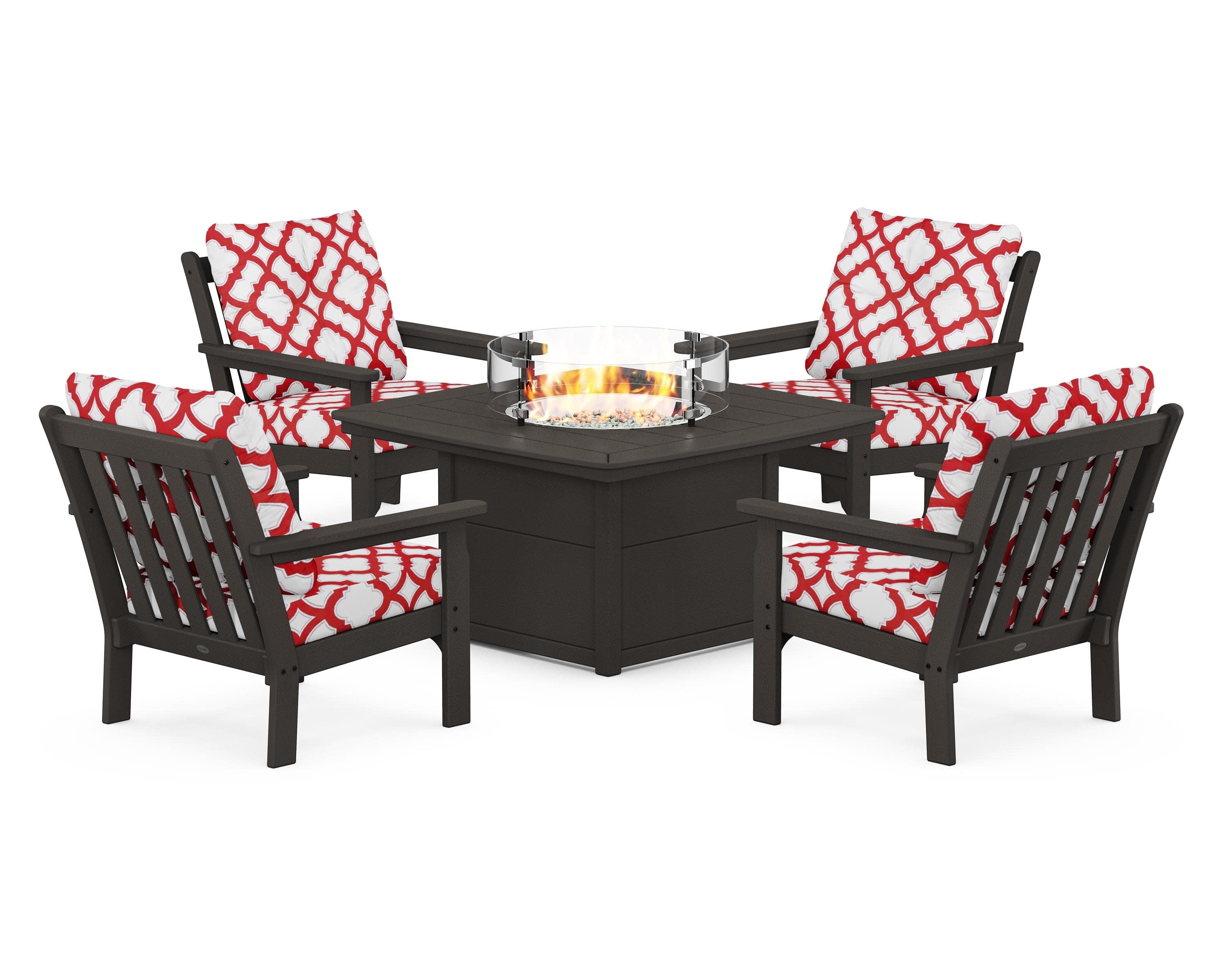 Vineyard 5-Piece Conversation Set with Fire Pit Table in Vintage Coffee / Trellis Crimson