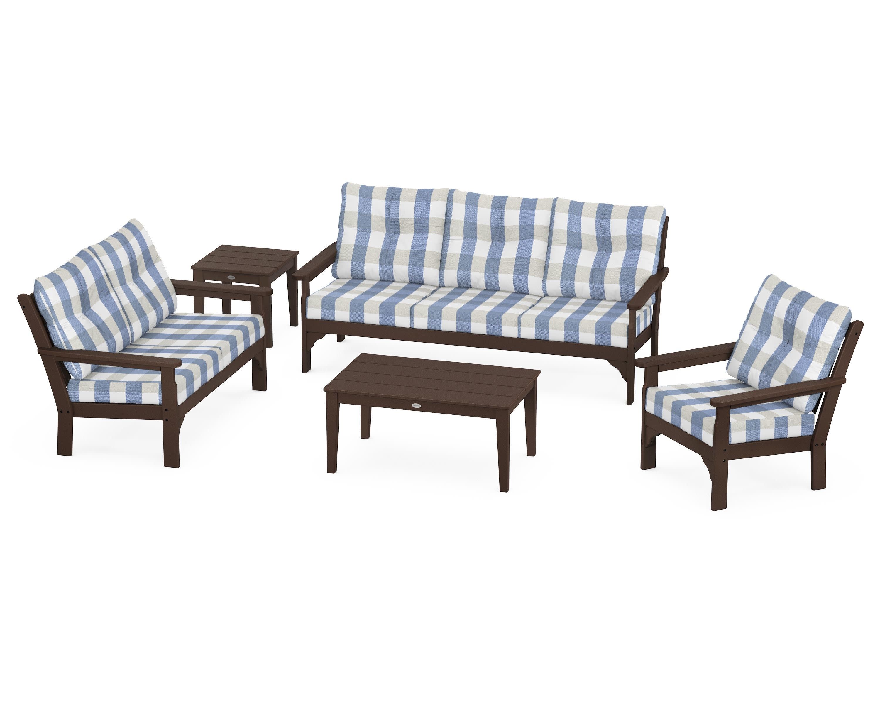 Vineyard 5 Piece Deep Seating Set in Mahogany / Buffalo Plaid Sky Blue