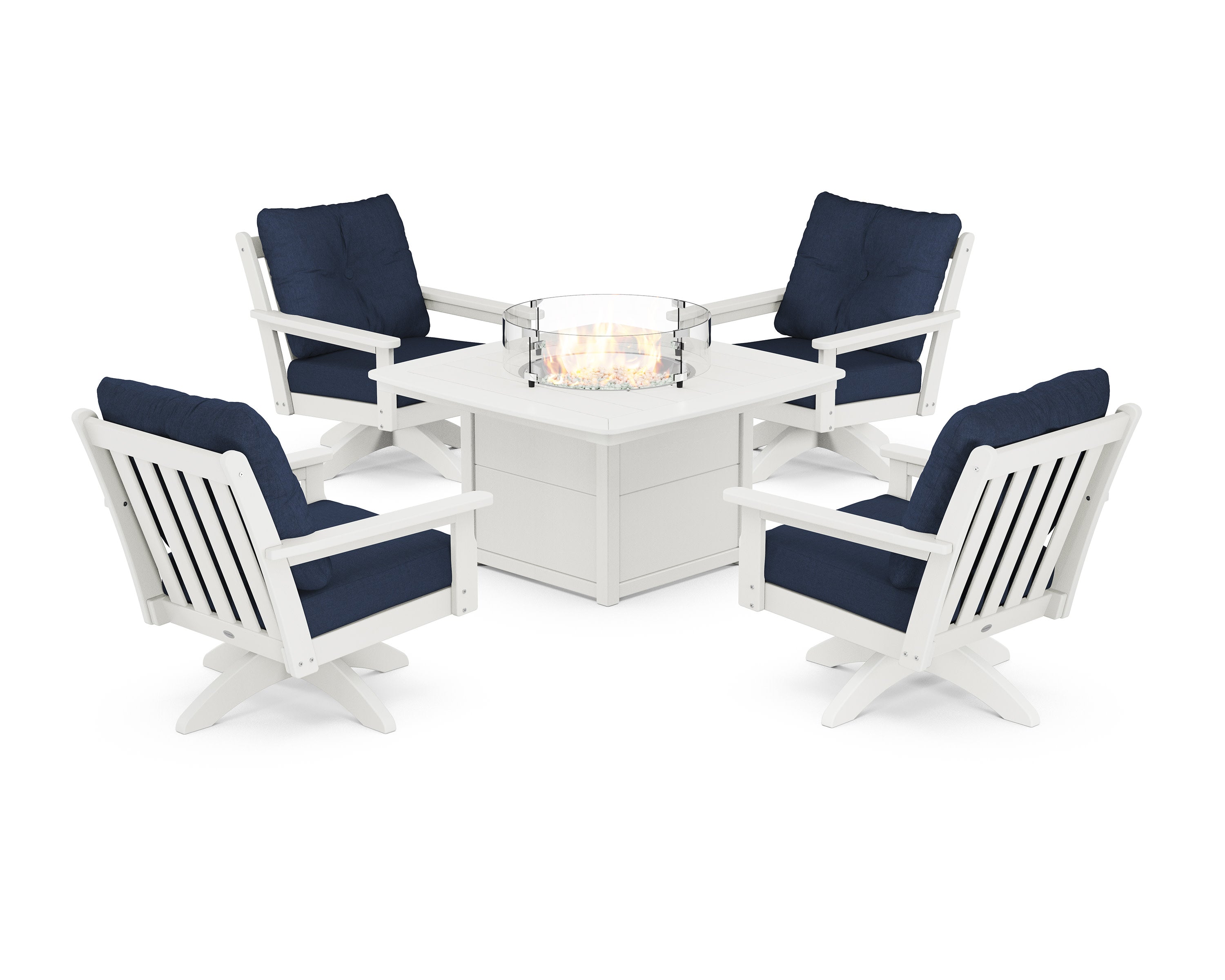 Vineyard 5-Piece Deep Seating Swivel Conversation Set with Fire Pit Table in Vintage White / Spectrum Indigo
