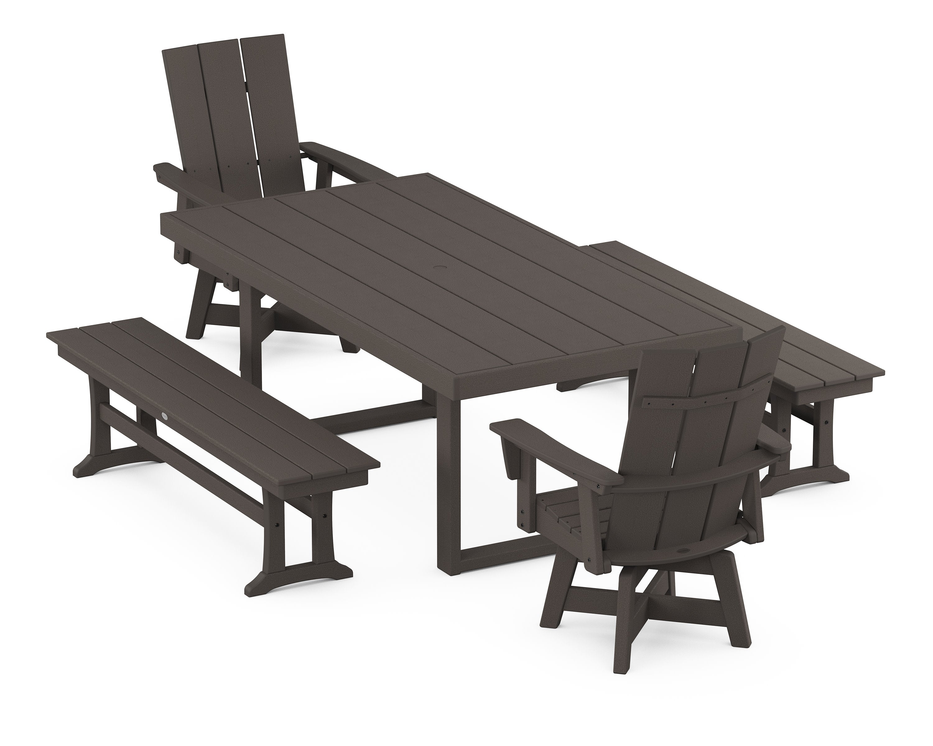 Modern Adirondack Swivel Chair 5-Piece Dining Set with Benches in Vintage Coffee