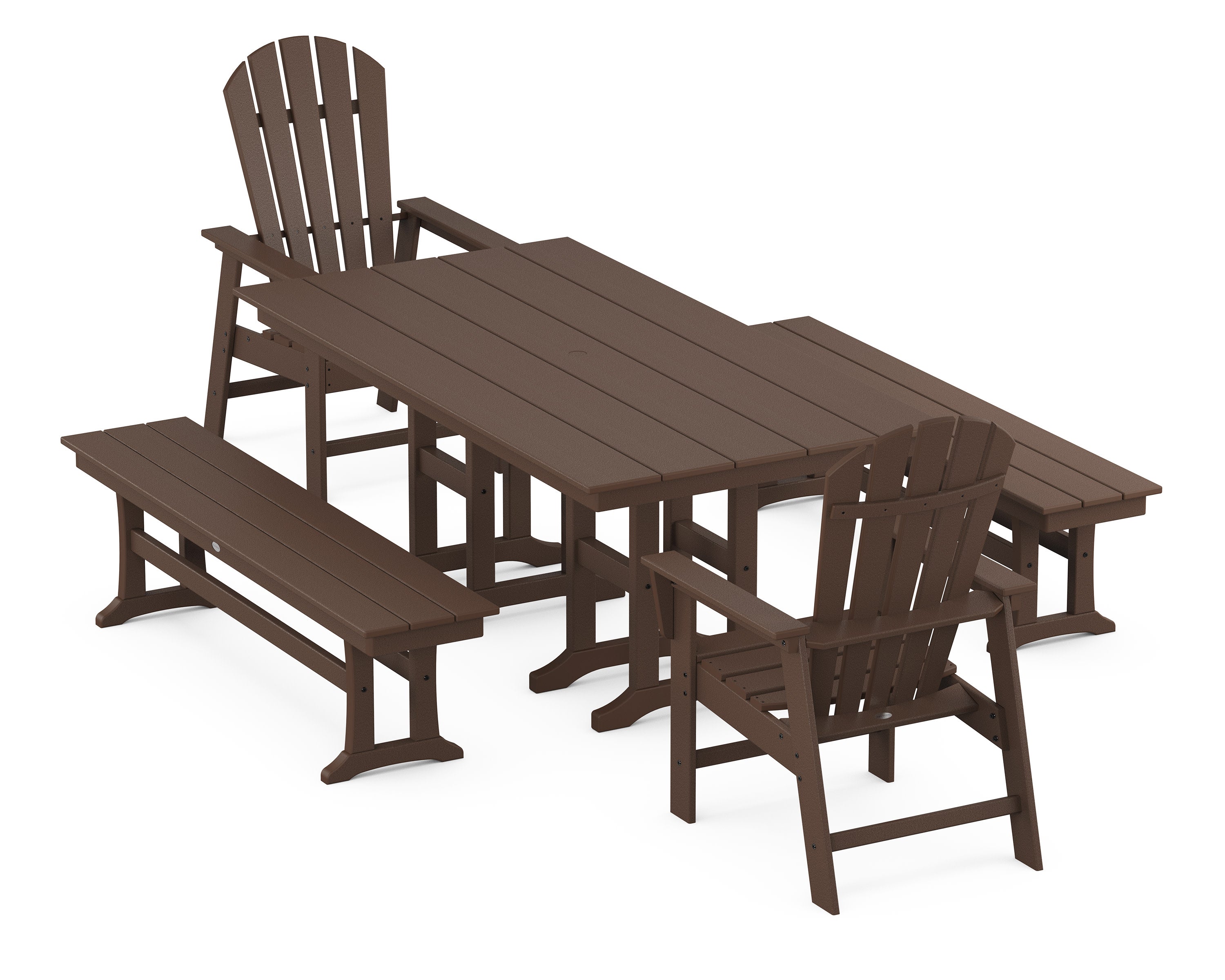 South Beach 5-Piece Farmhouse Dining Set with Benches in Mahogany