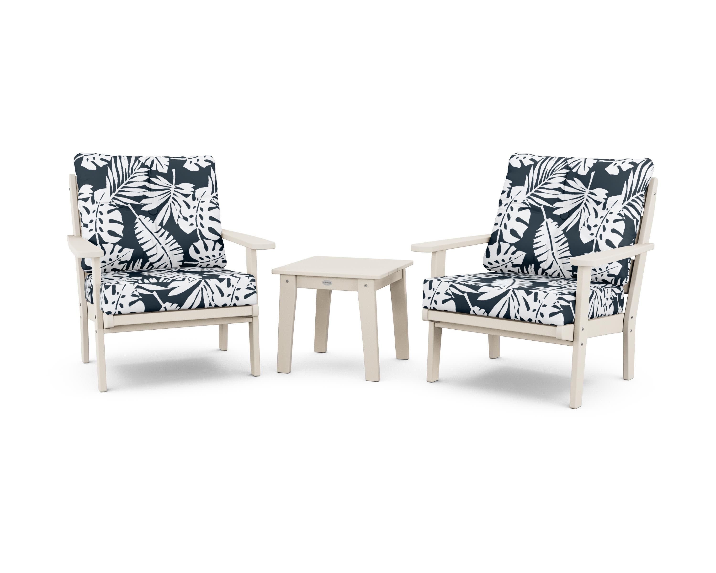 Lakeside 3-Piece Deep Seating Chair Set in Sand / Leaf Marine Indigo