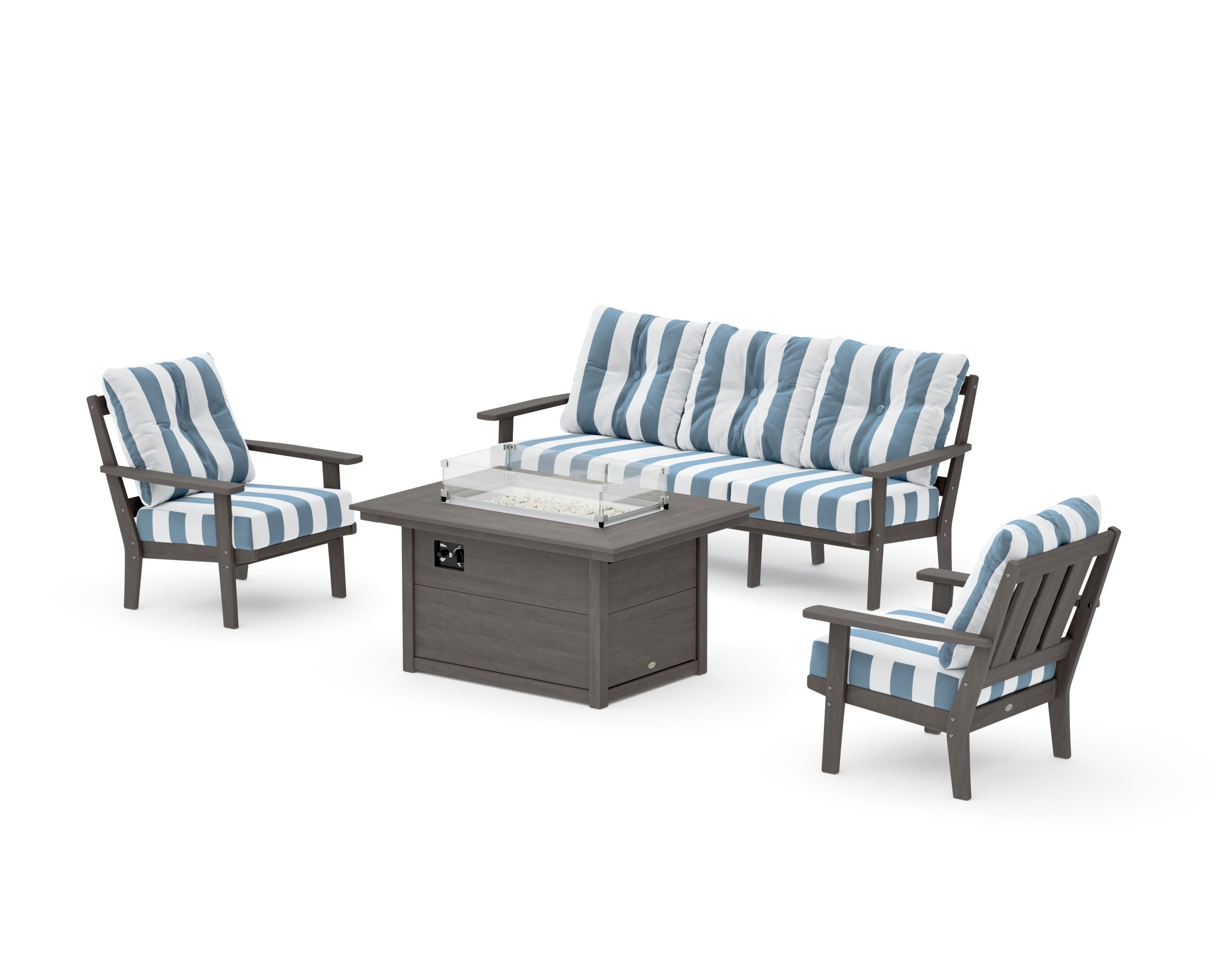 Oxford Deep Seating Fire Pit Table Set in Driftwood / Cabana Stripe Sky Blue