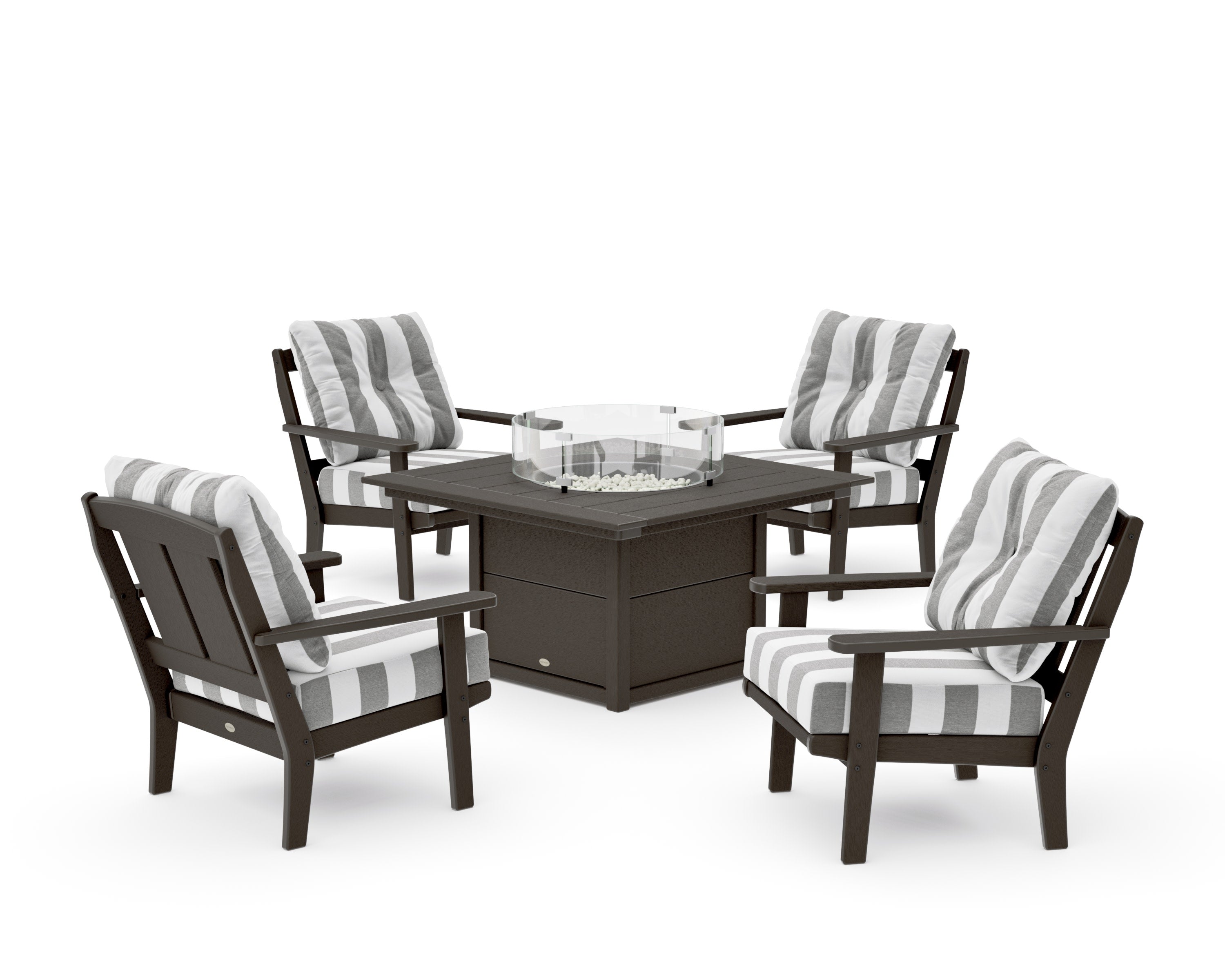 Mission 5-Piece Deep Seating Set with Fire Pit Table in Vintage Coffee / Cabana Stripe Grey Mist