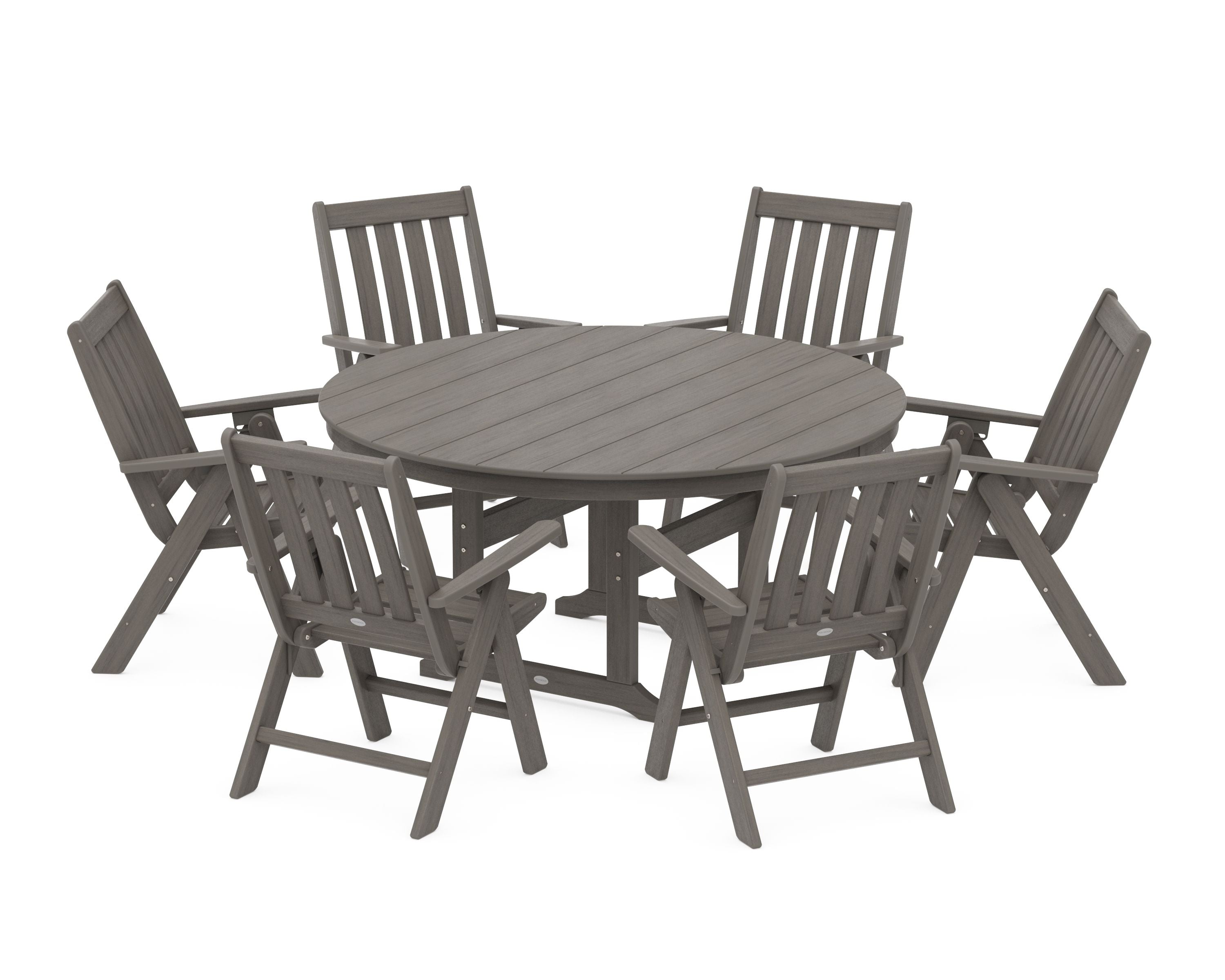 Vineyard 7-Piece Folding Chair Round Farmhouse Dining Set in Driftwood