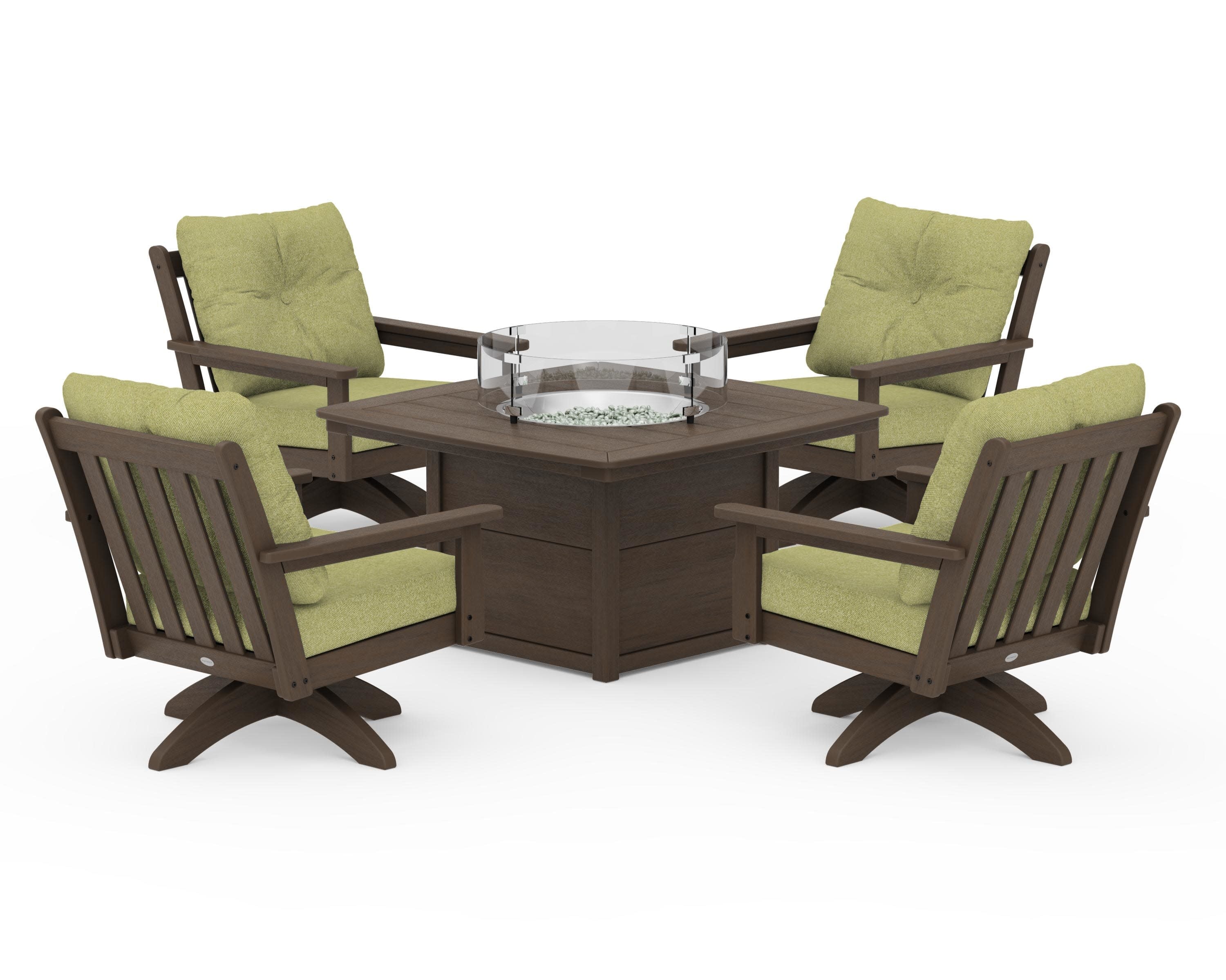 Vineyard 5-Piece Deep Seating Swivel Conversation Set with Fire Pit Table in Kona / Chartreuse Boucle