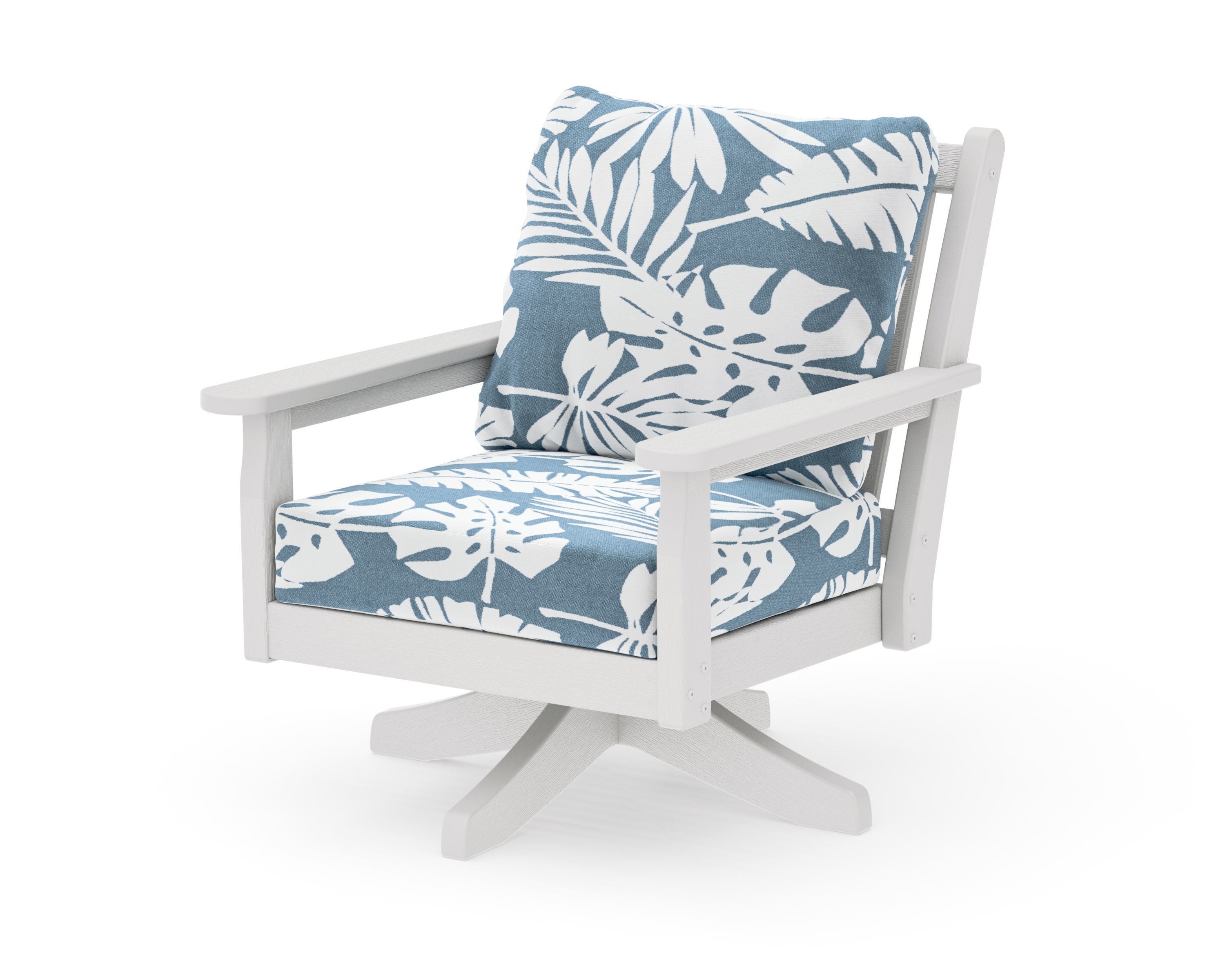 Chippendale Deep Seating Swivel Chair in Vintage White / Leaf Sky Blue