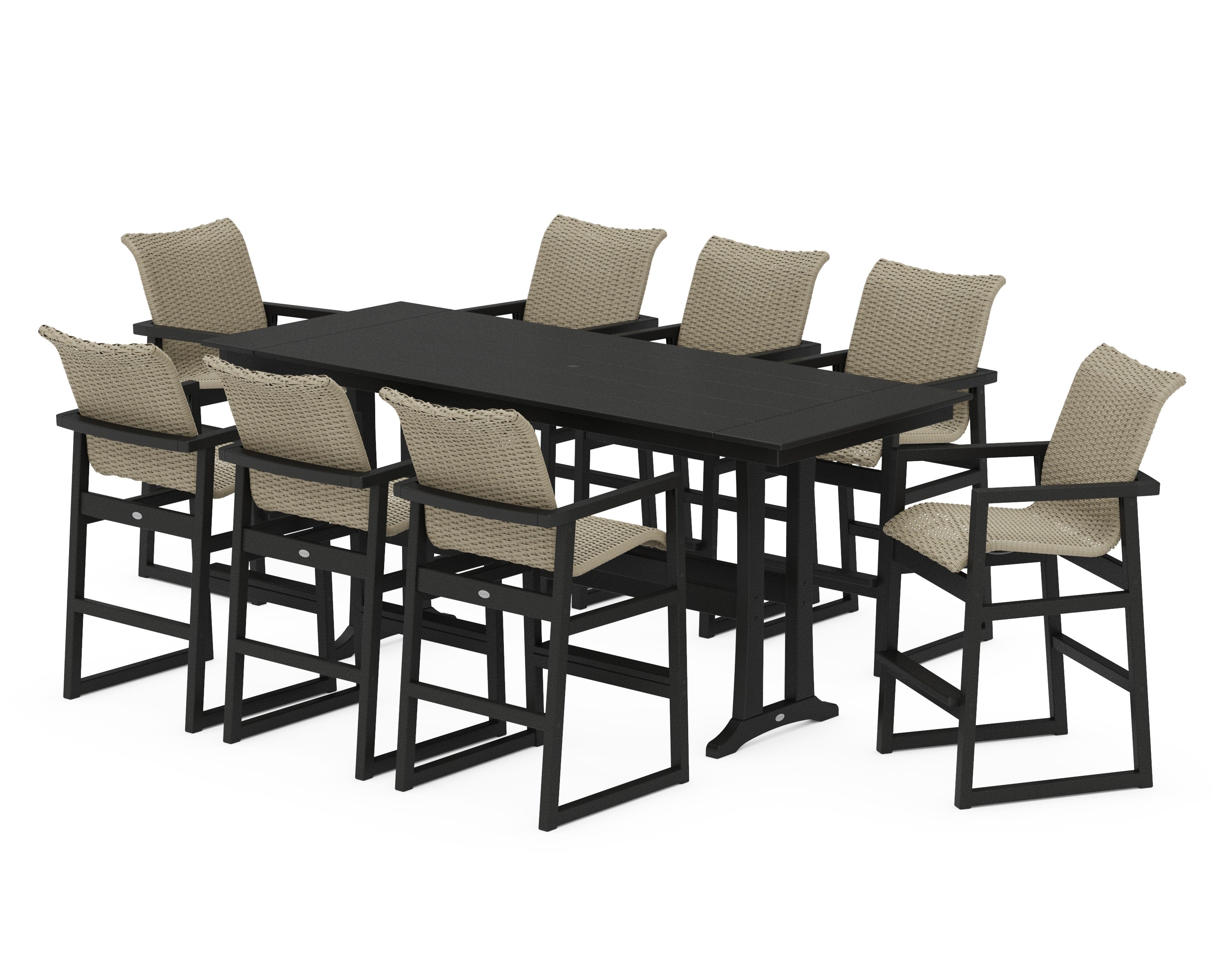 EDGE Woven 9-Piece Farmhouse Bar Set with Trestle Legs in Black / Dune Grass