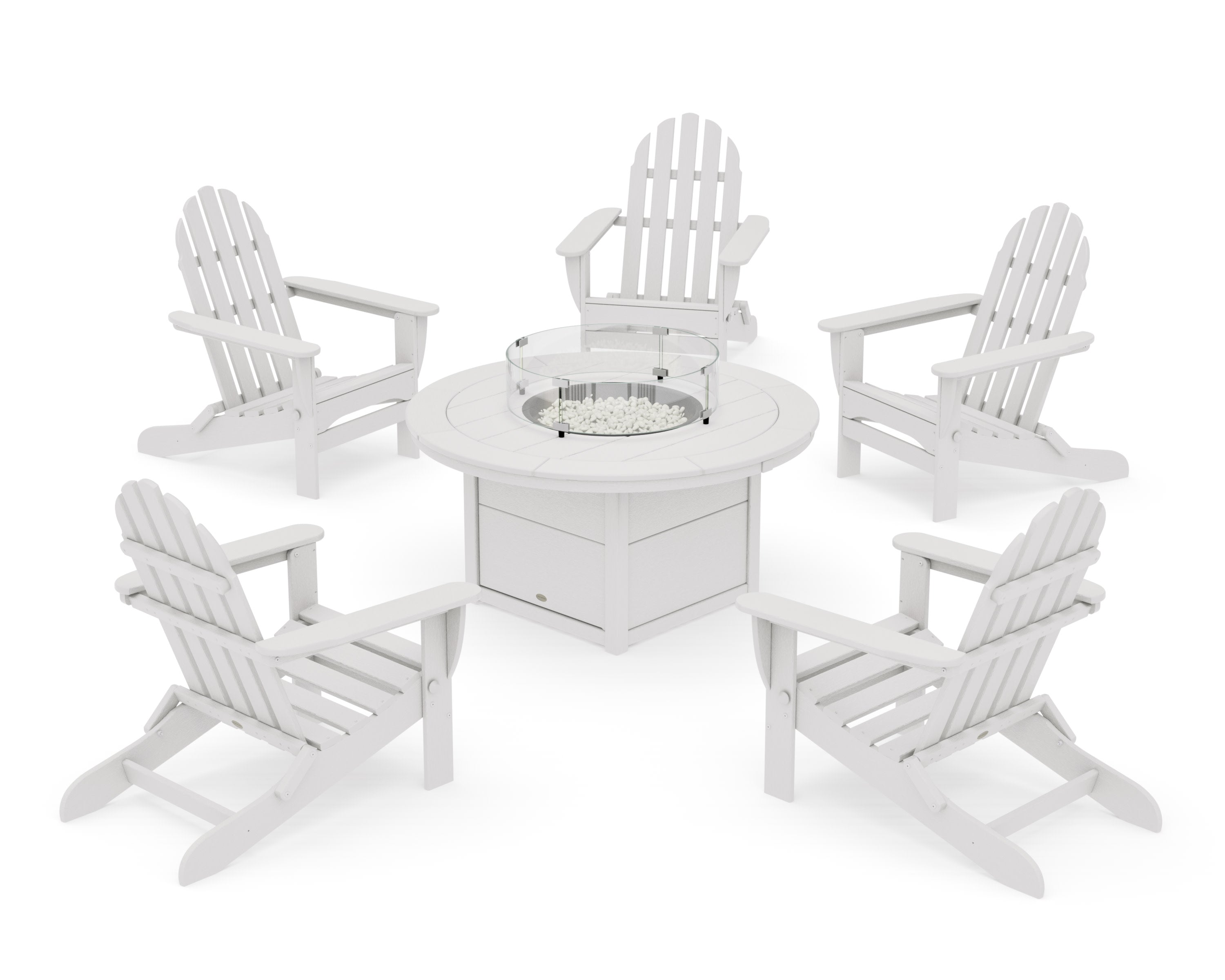 Classic Folding Adirondack 6-Piece Conversation Set with Fire Pit Table in Vintage White