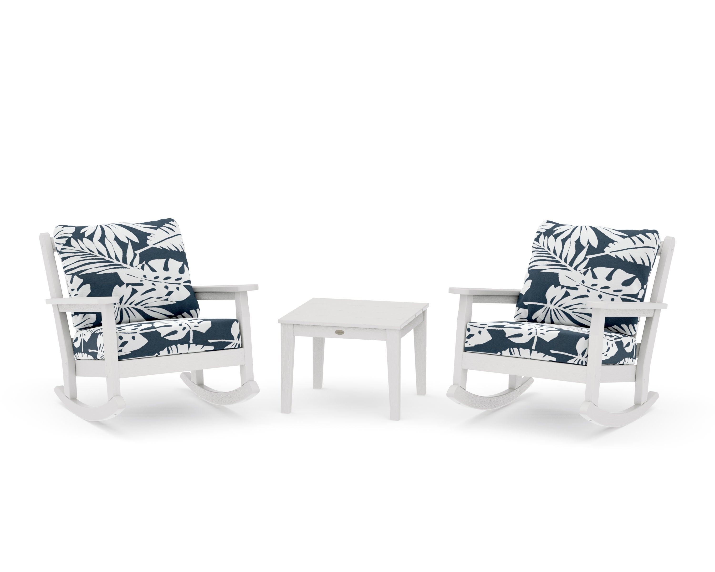 Chippendale 3-Piece Deep Seating Rocker Set in Vintage White / Leaf Marine Indigo