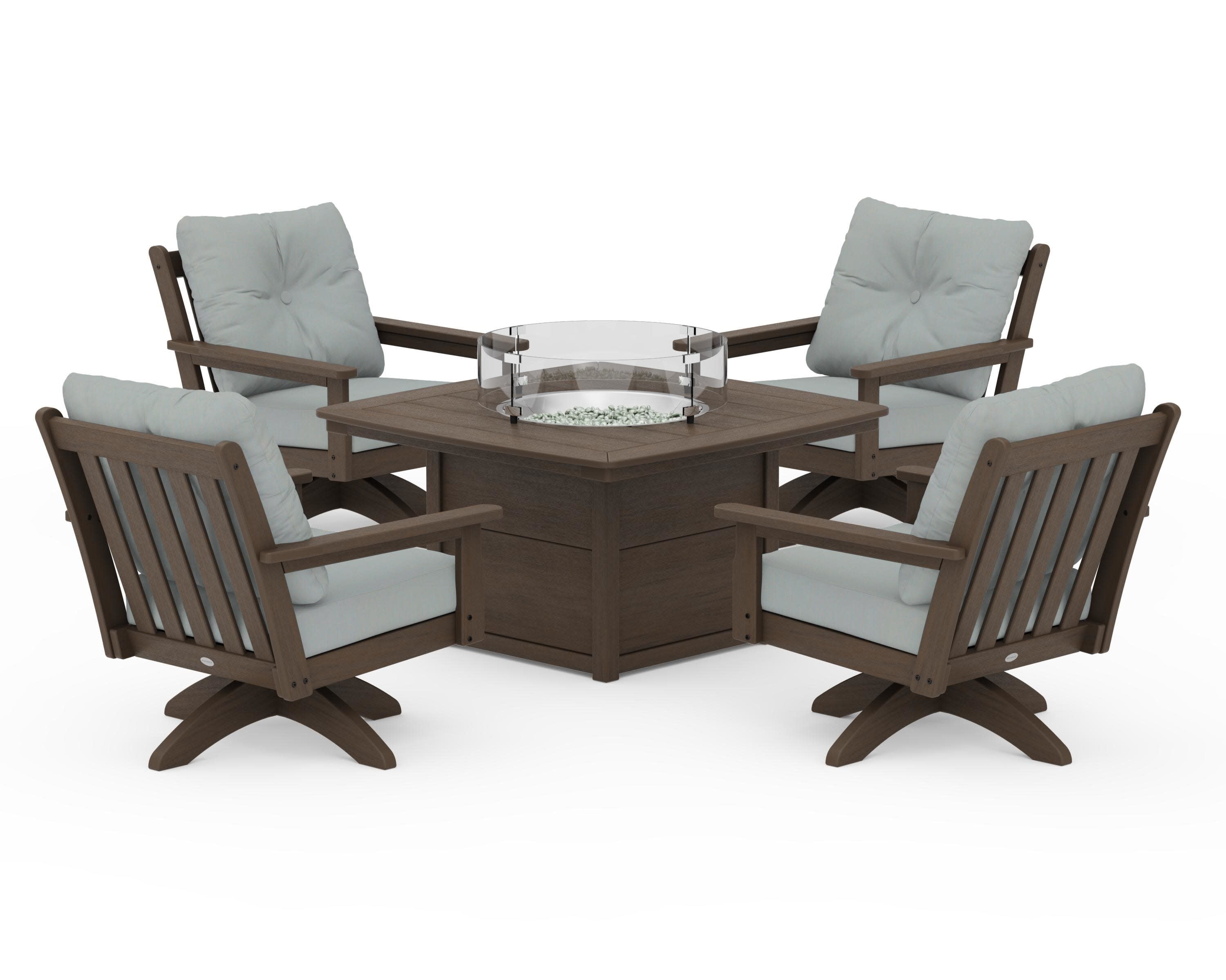 Vineyard 5-Piece Deep Seating Swivel Conversation Set with Fire Pit Table in Kona / Spa