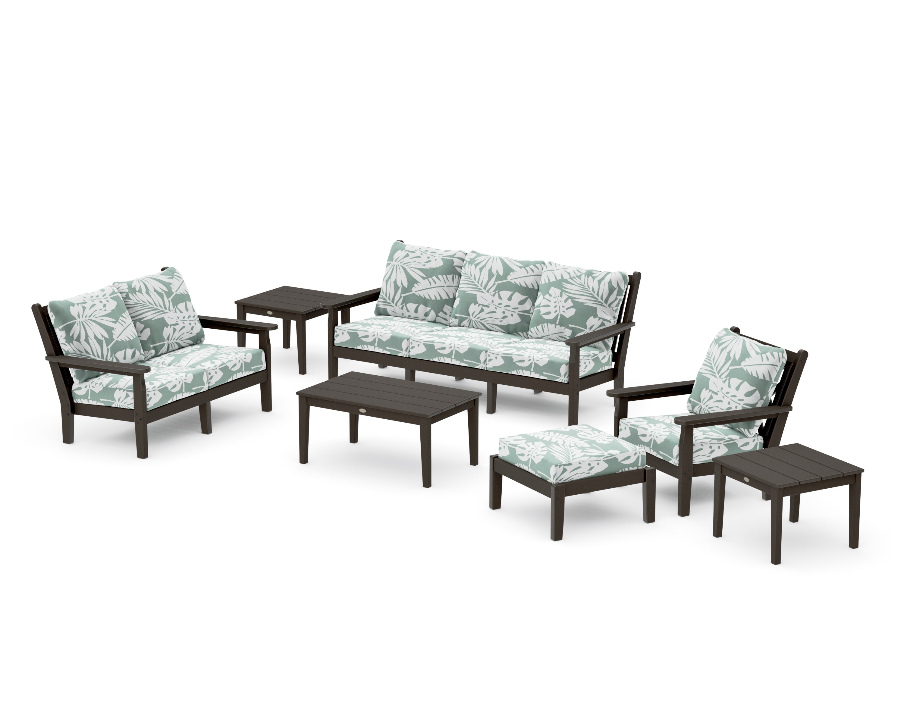 Chippendale 7-Piece Deep Seating Set in Vintage Coffee / Leaf Glacier Spa