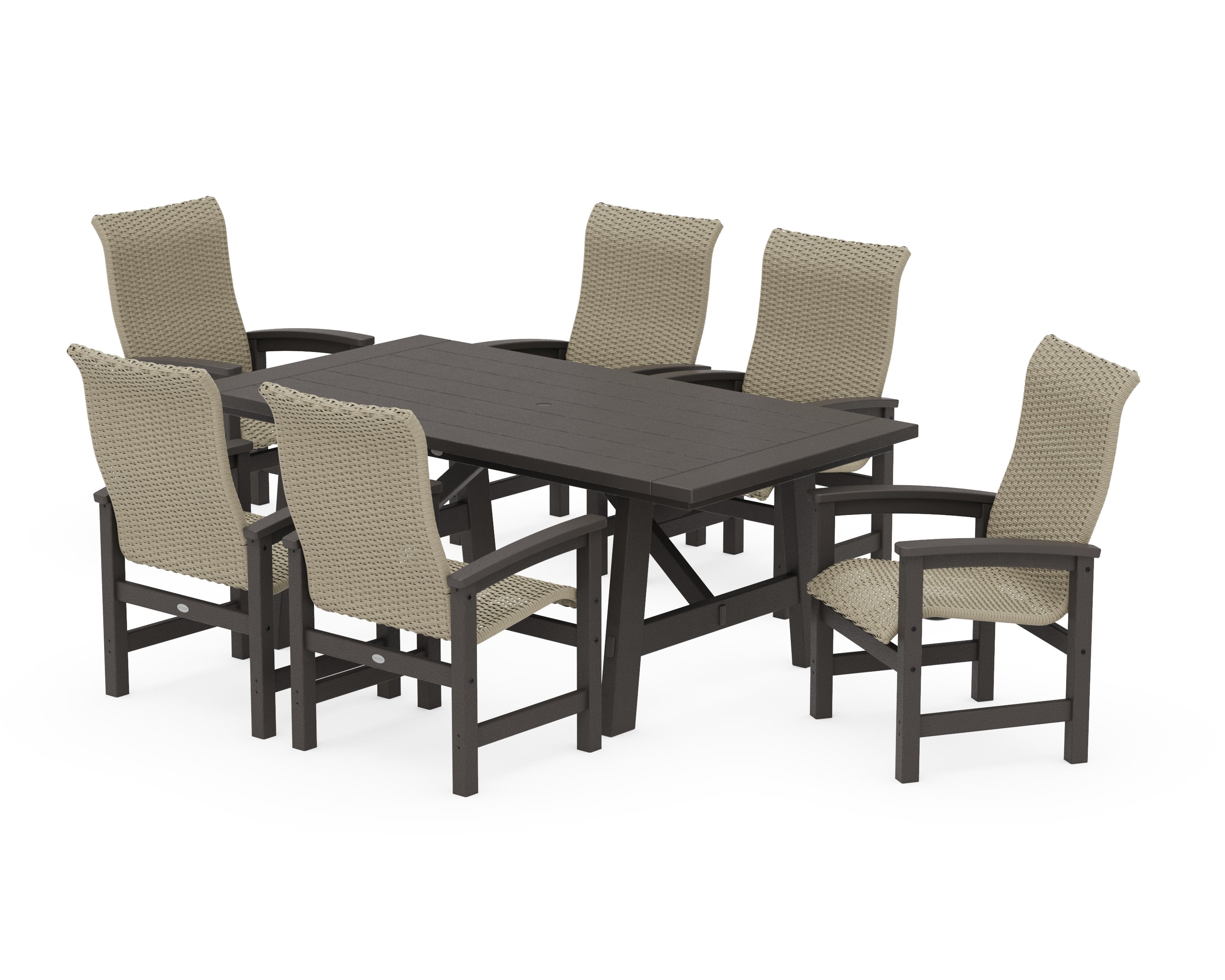 Coastal Woven High-Back Arm Chair 7-Piece Rustic Farmhouse Dining Set in Vintage Coffee / Dune Grass