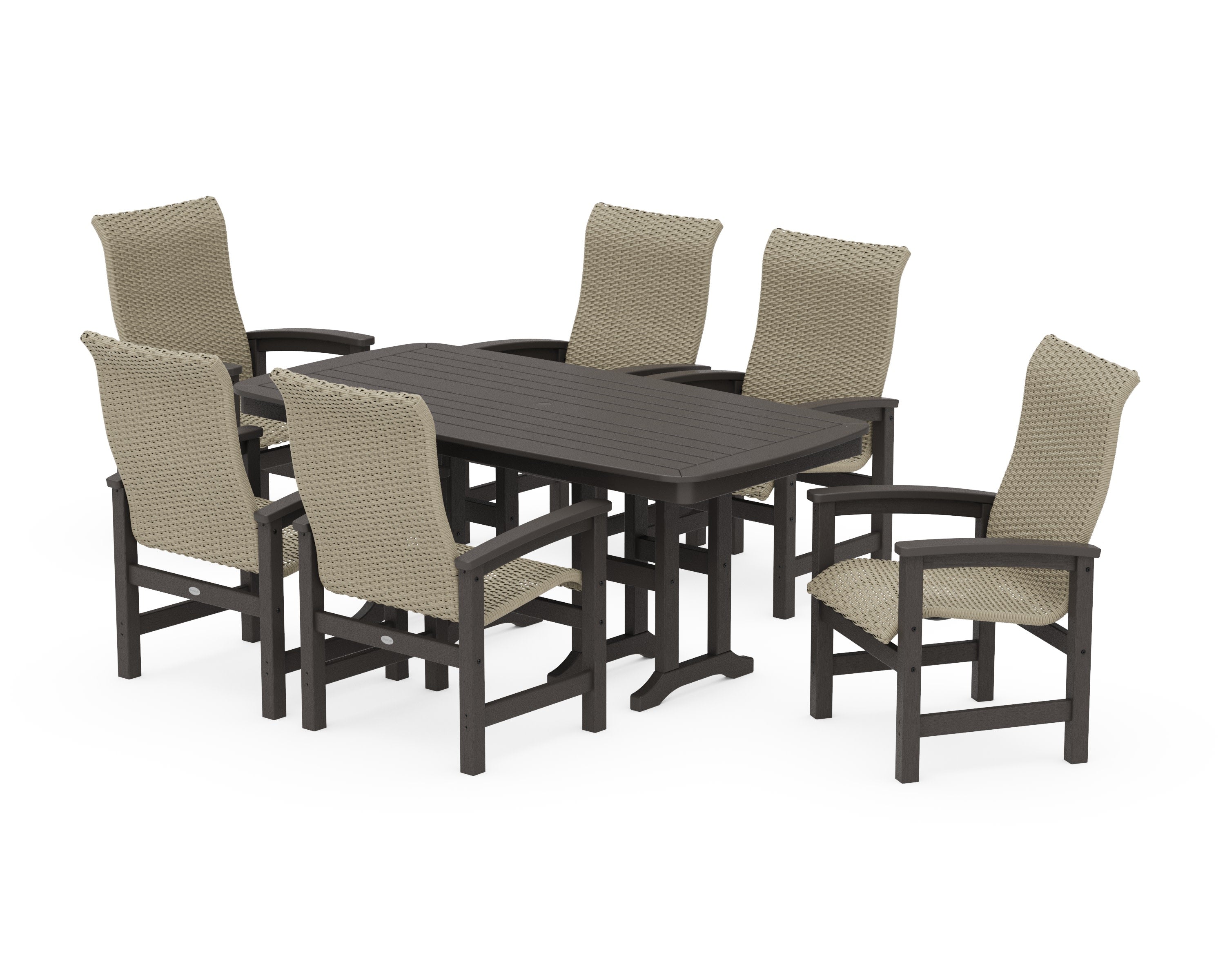 Coastal Woven High-Back Arm Chair 7-Piece Dining Set in Vintage Coffee / Dune Grass