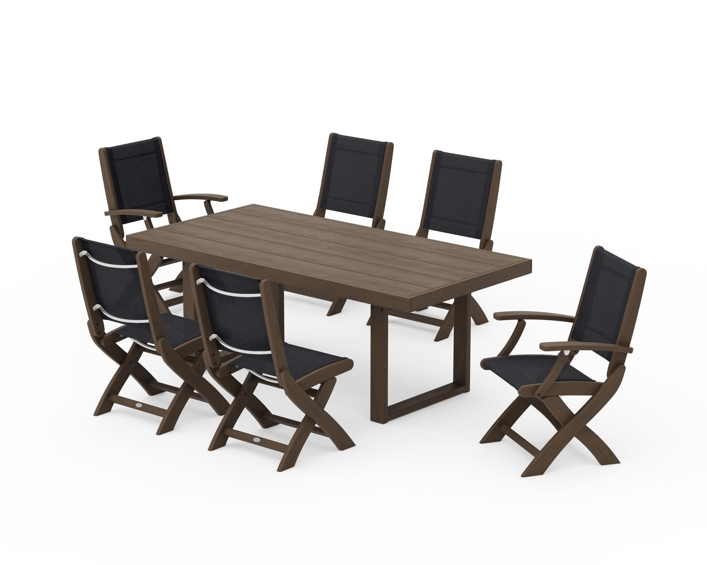 Coastal Folding Chair 7-Piece Dining Set with Trestle Legs in Kona / Black Sling