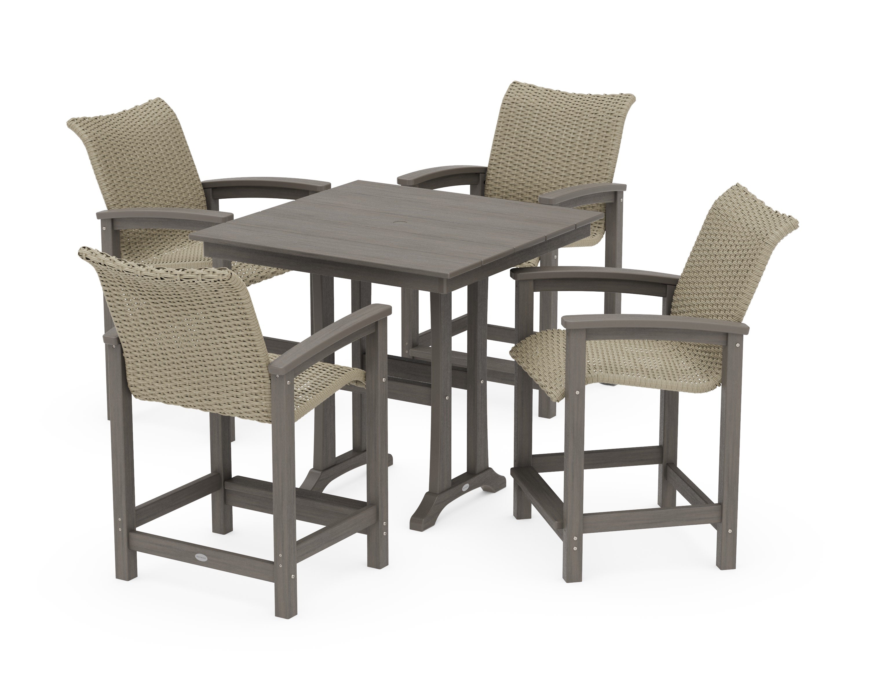 Coastal Woven 5-Piece Farmhouse Counter Set with Trestle Legs in Driftwood / Dune Grass