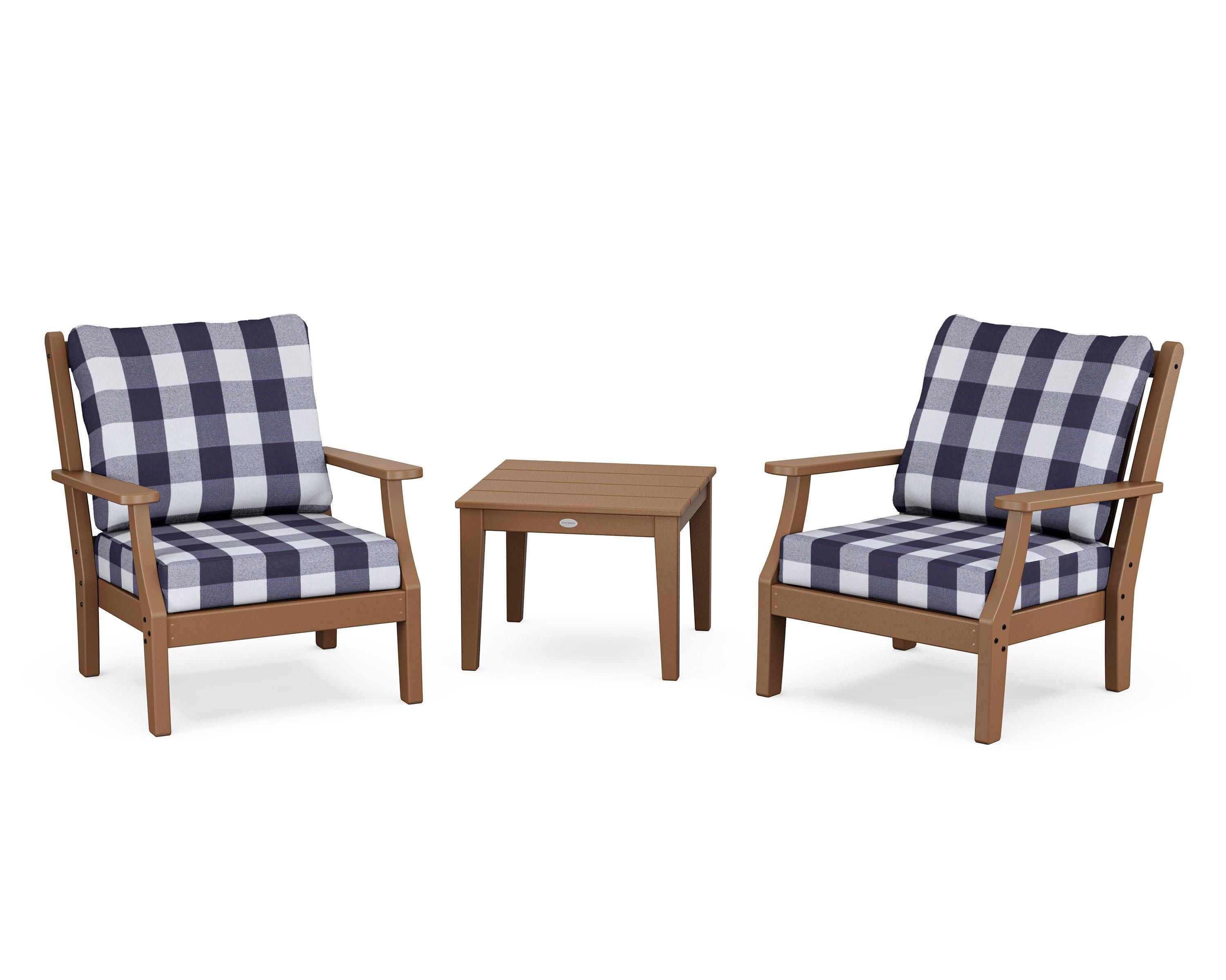 Wovendale 3-Piece Deep Seating Set in Teak / Buffalo Plaid Navy