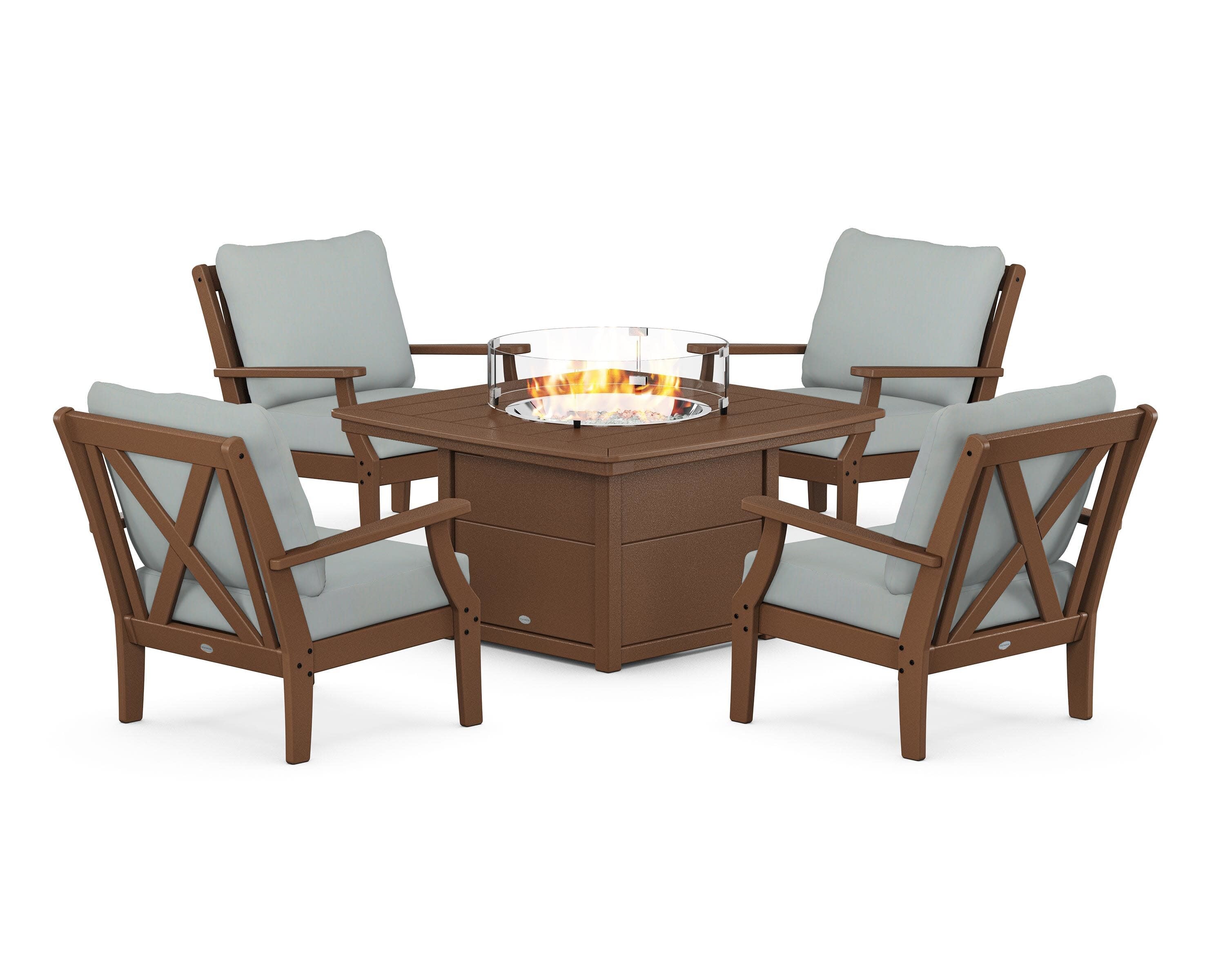 Braxton 5-Piece Deep Seating Conversation Set with Fire Pit Table in Teak / Spa