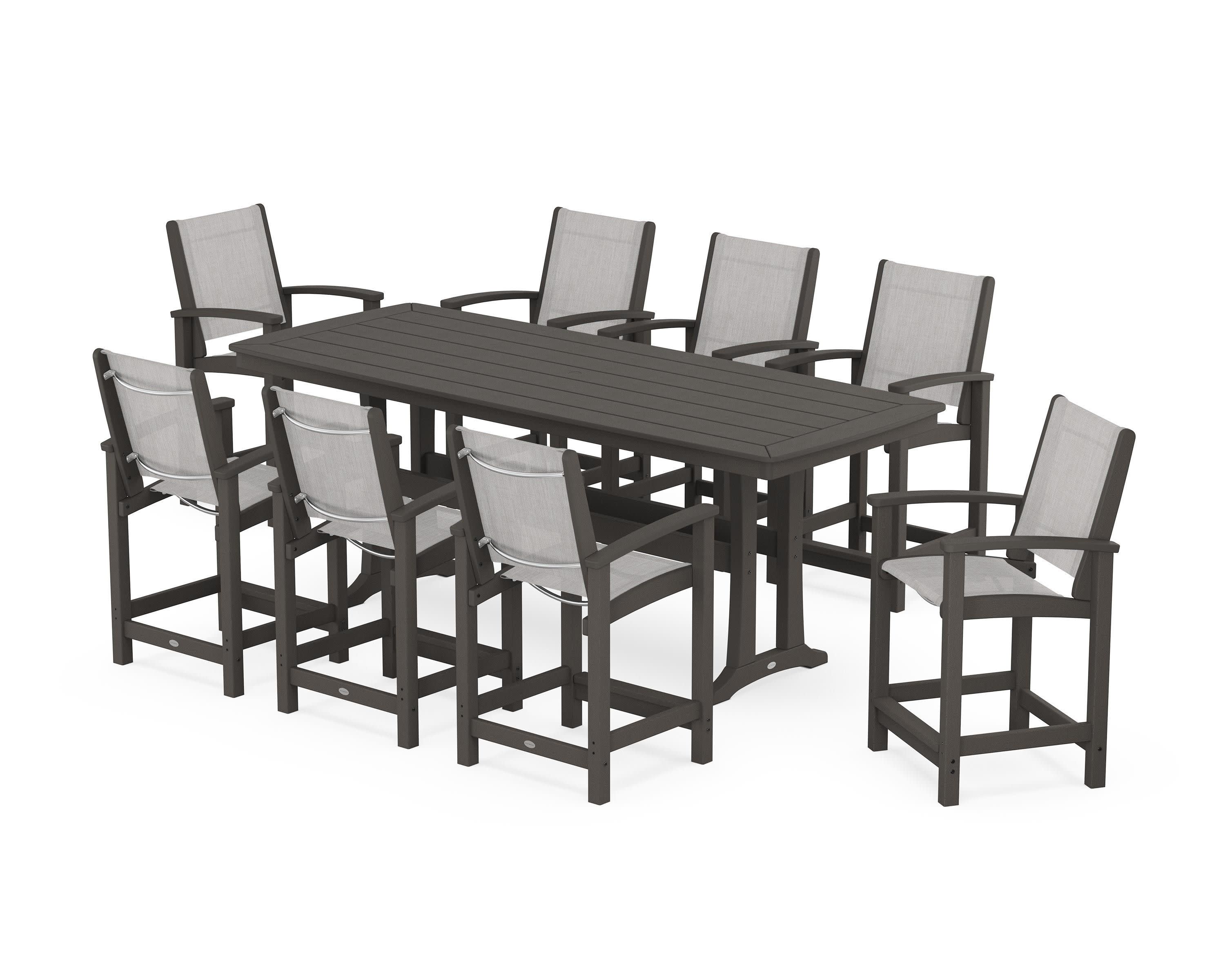 Coastal 9-Piece Counter Set with Trestle Legs in Vintage Coffee / Parchment Sling