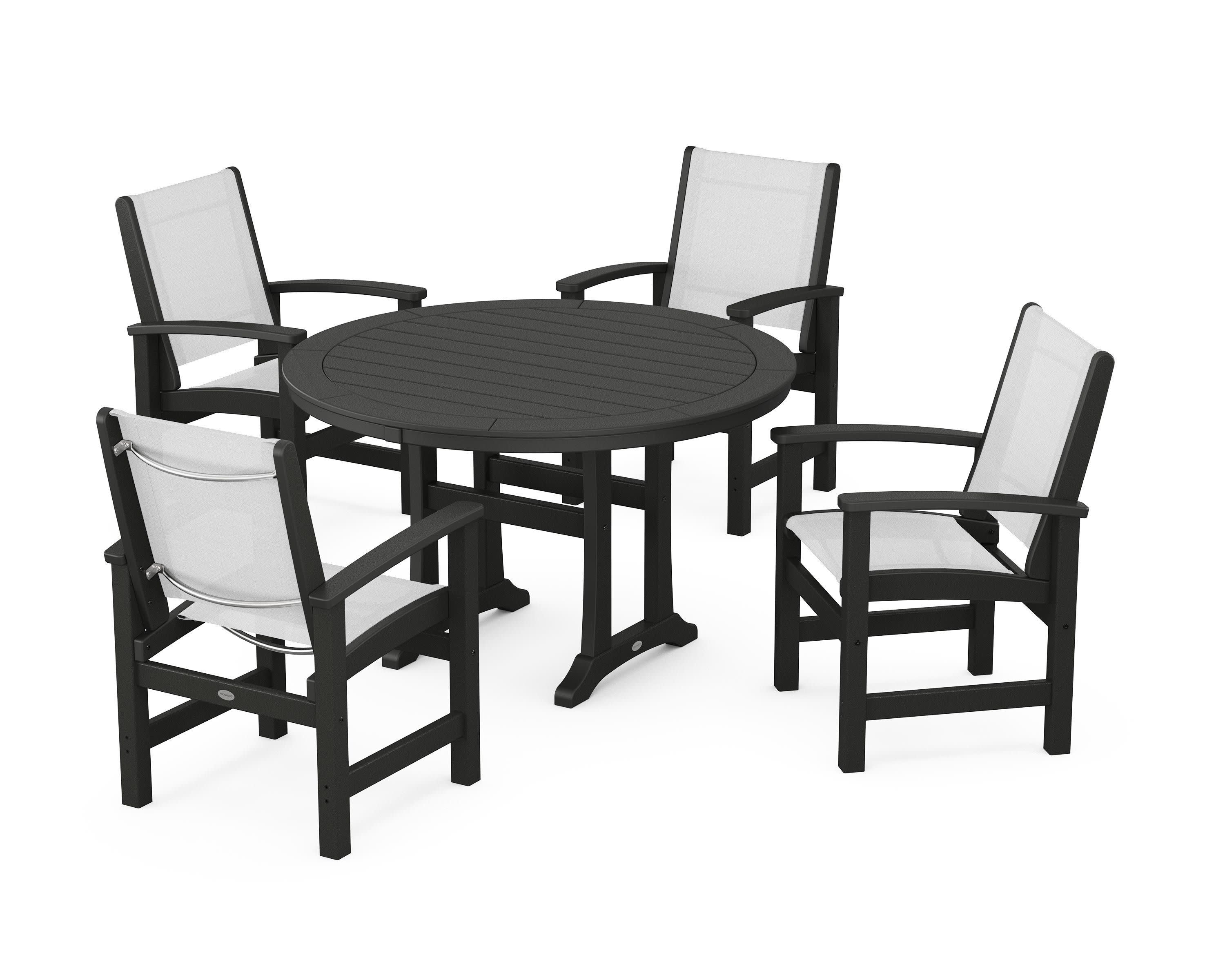 Coastal 5-Piece Round Dining Set with Trestle Legs in Black / White Sling