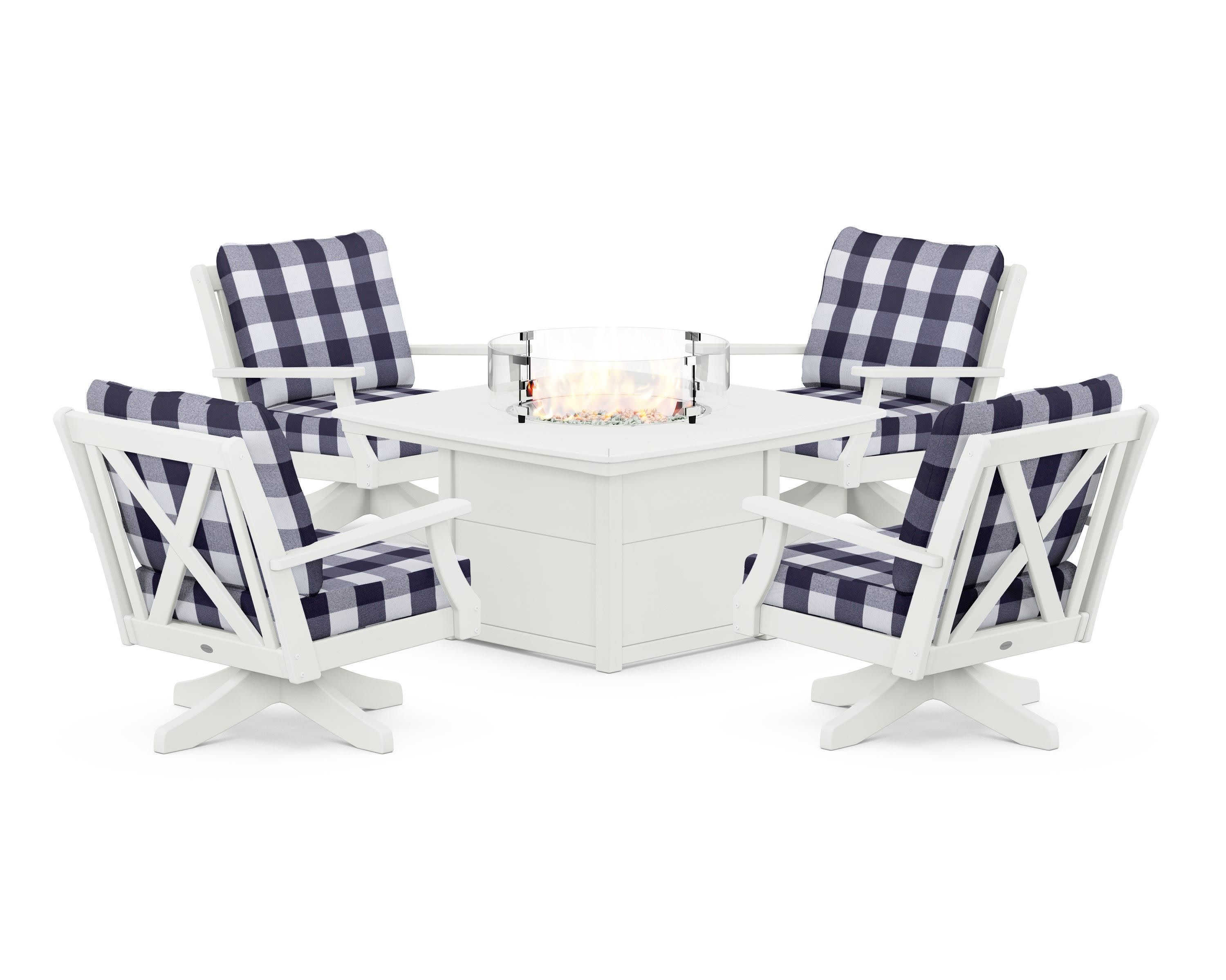 Braxton 5-Piece Deep Seating Swivel Conversation Set with Fire Pit Table in Vintage White / Buffalo Plaid Navy
