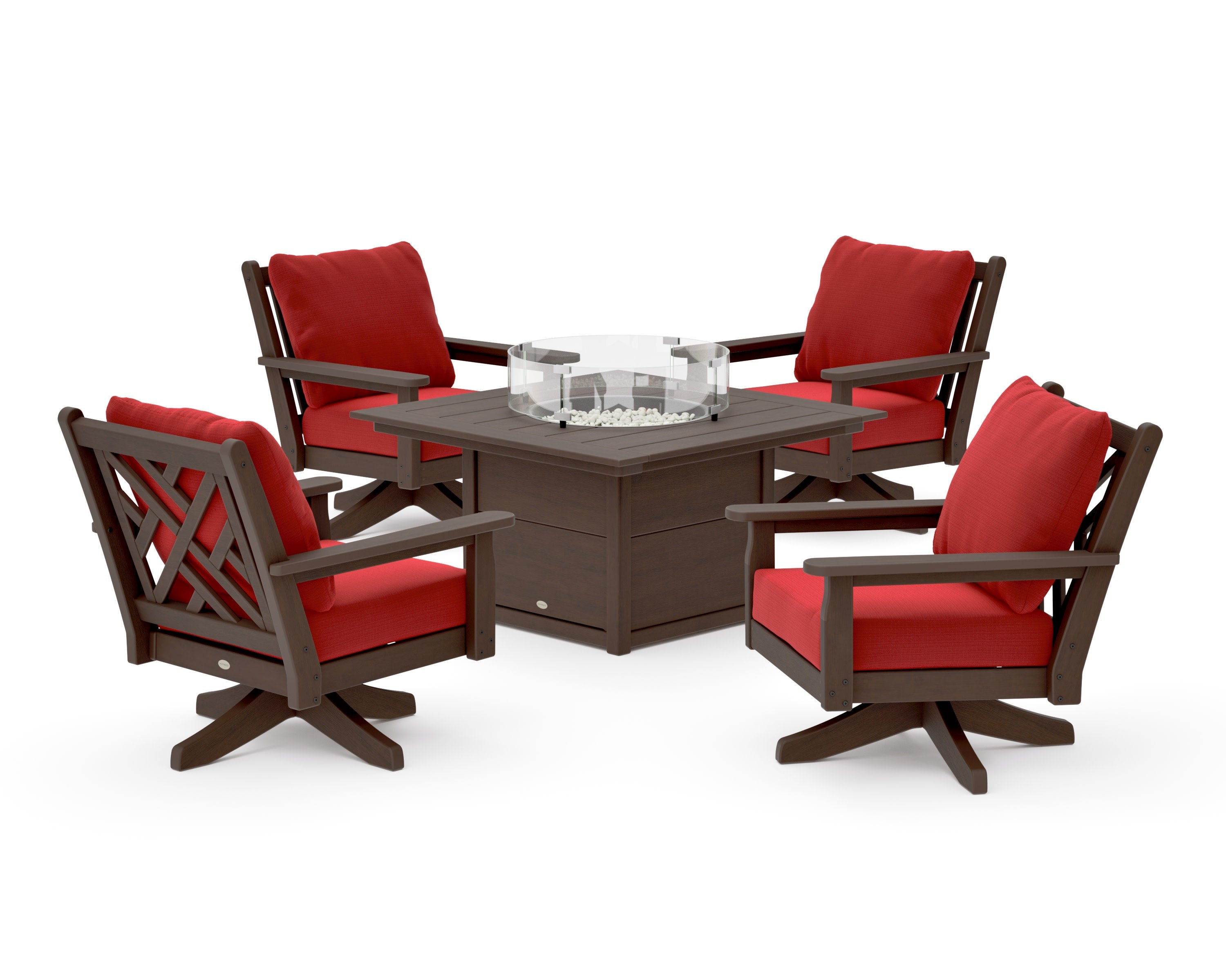 Chippendale 5-Piece Deep Seating Swivel Conversation Set with Fire Pit Table in Kona / Crimson Linen