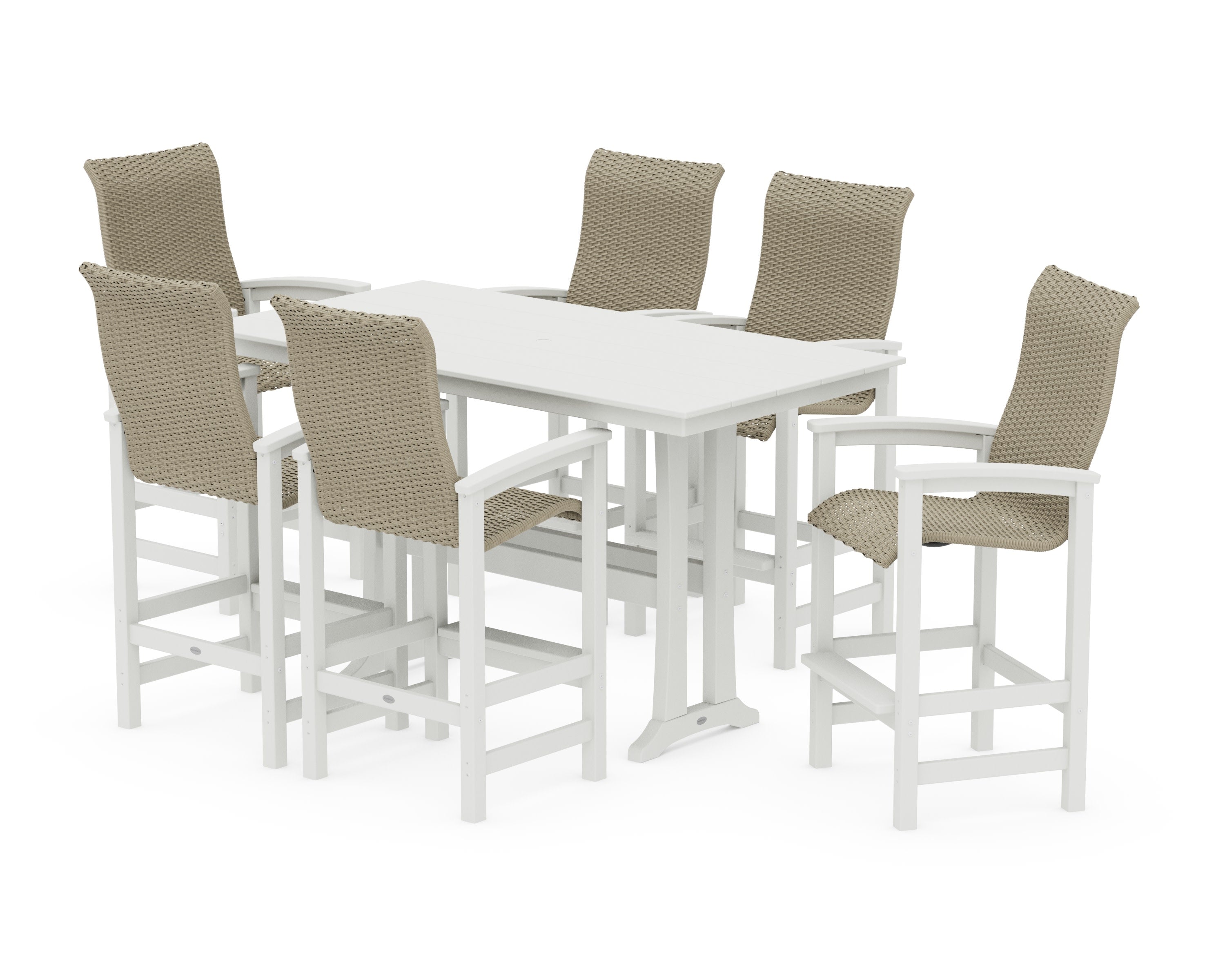 Coastal Woven High-Back Arm Chair 7-Piece Farmhouse Bar Set with Trestle Legs in White / Dune Grass
