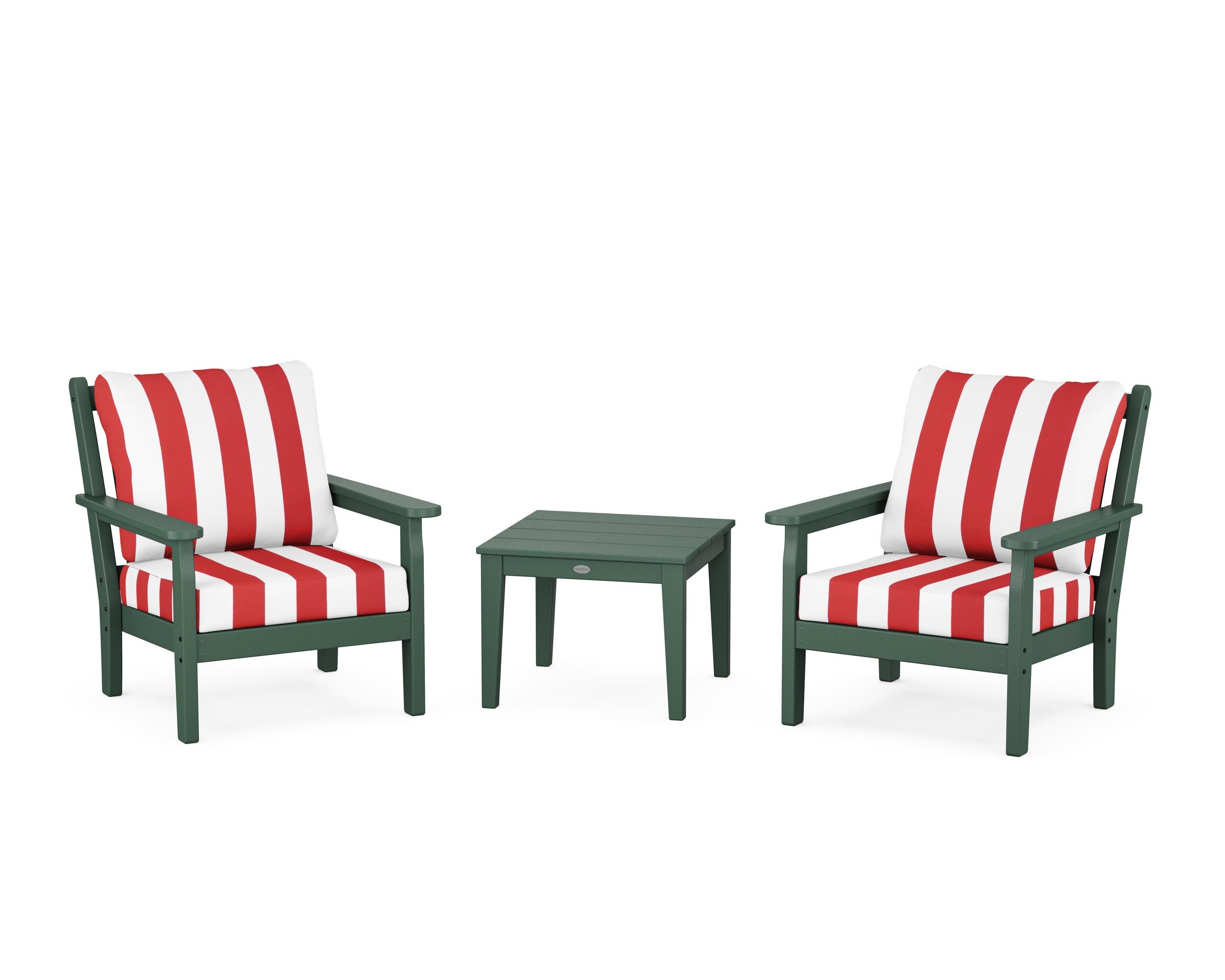 Chippendale 3-Piece Deep Seating Set in Green / Cabana Stripe Crimson