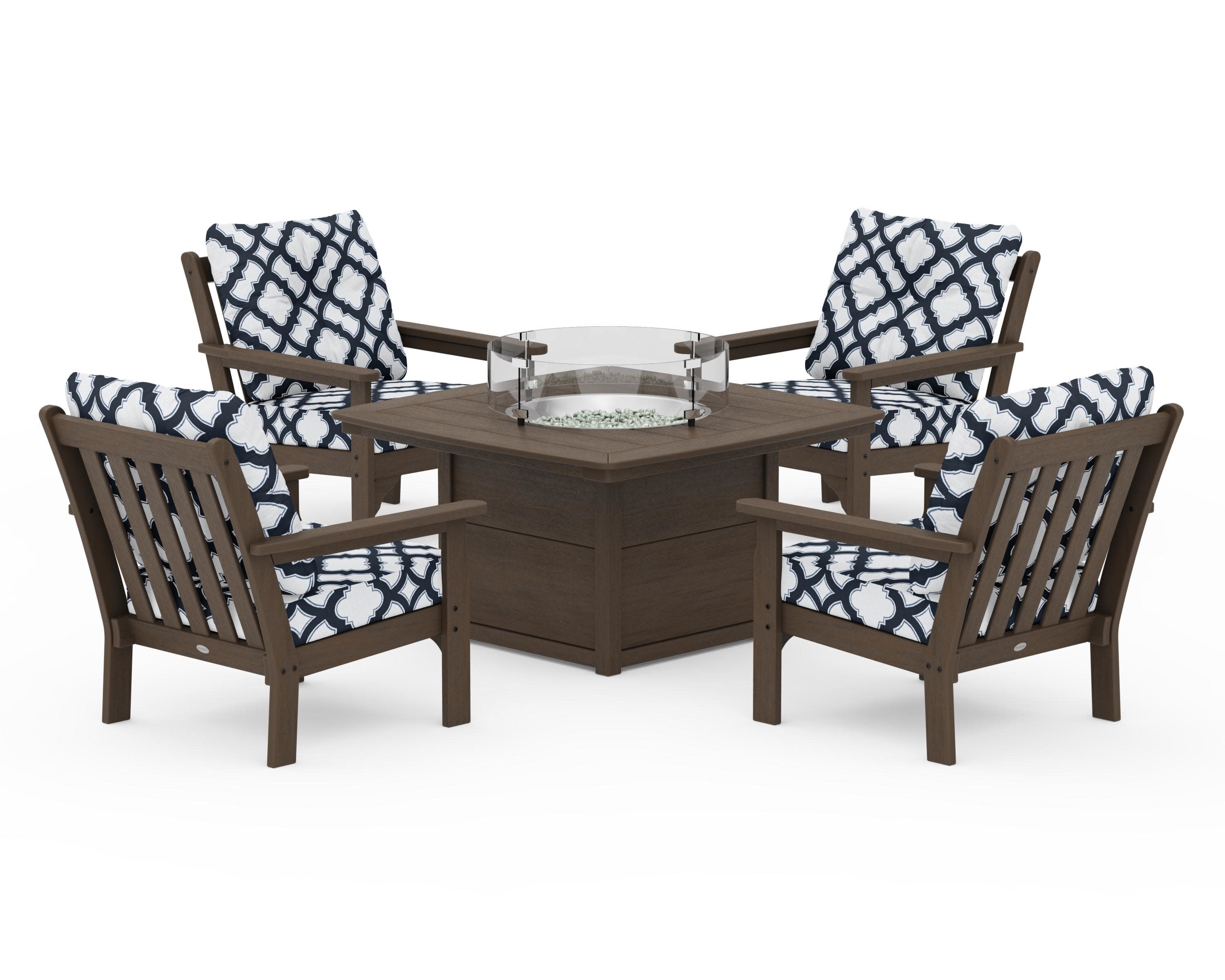 Vineyard 5-Piece Conversation Set with Fire Pit Table in Kona / Trellis Marine Indigo