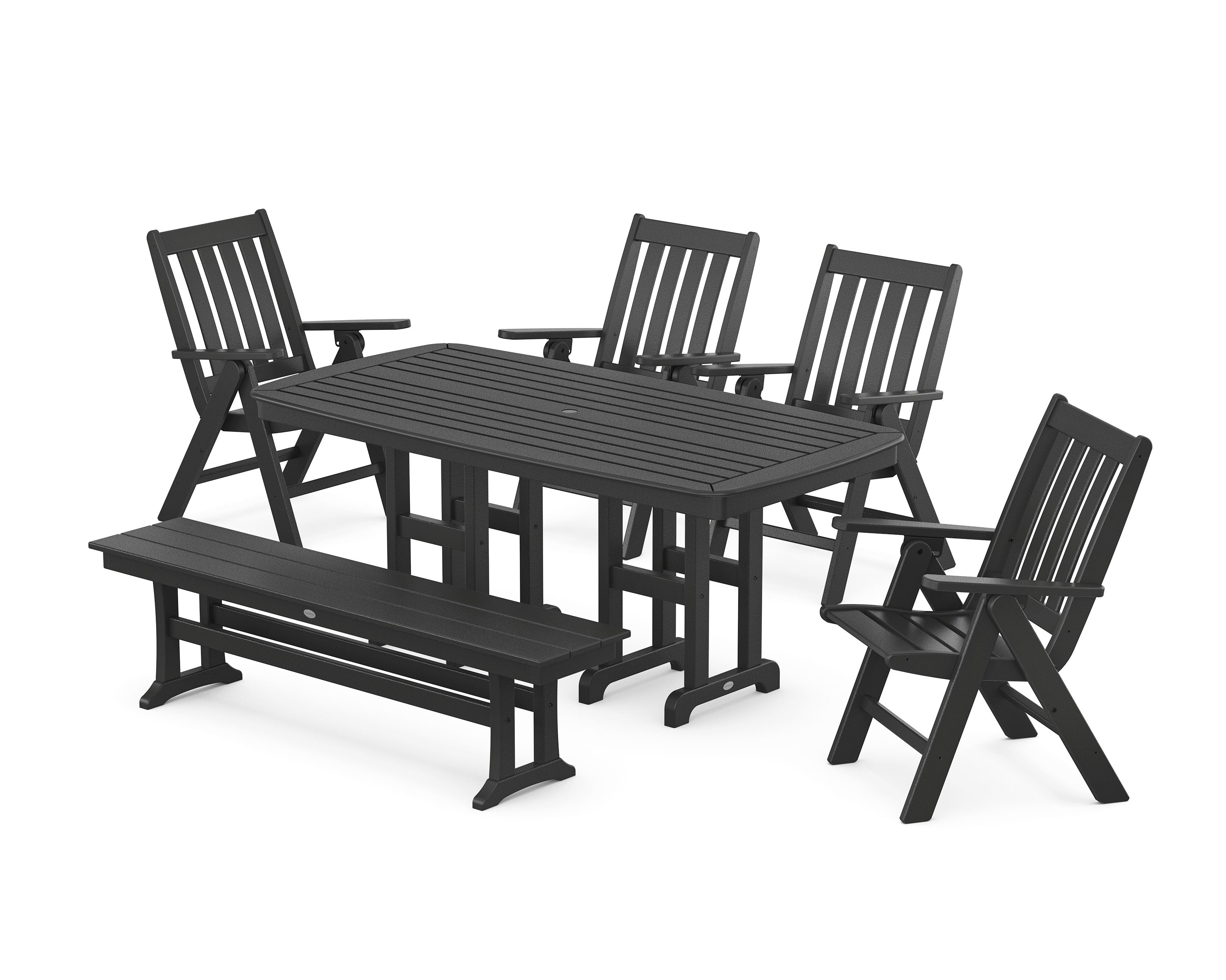 Vineyard Folding Chair 6-Piece Dining Set with Bench in Black