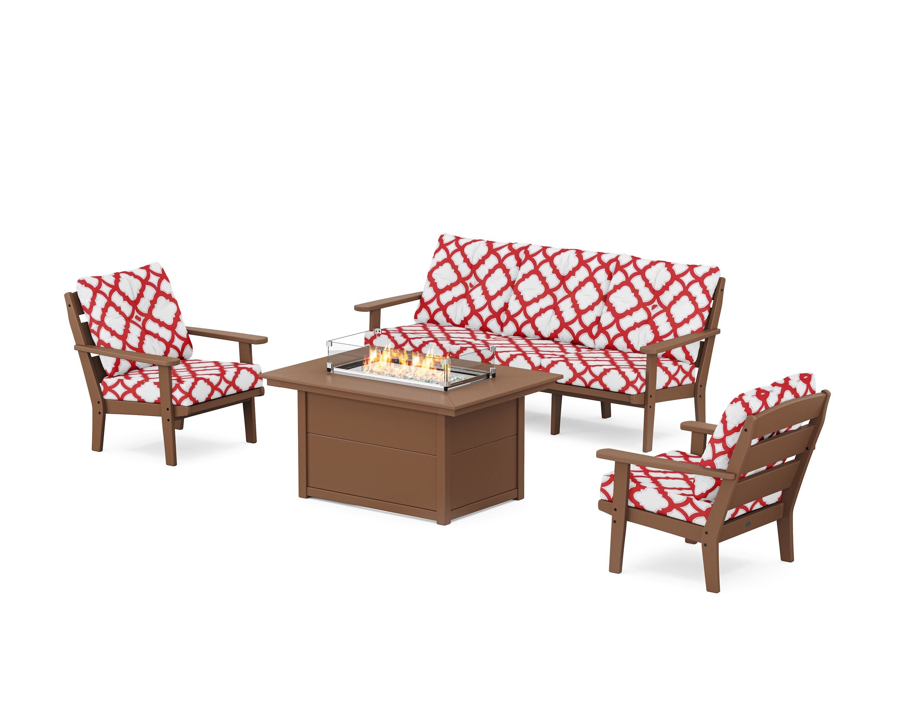 Lakeside Deep Seating Fire Pit Table Set in Teak / Trellis Crimson