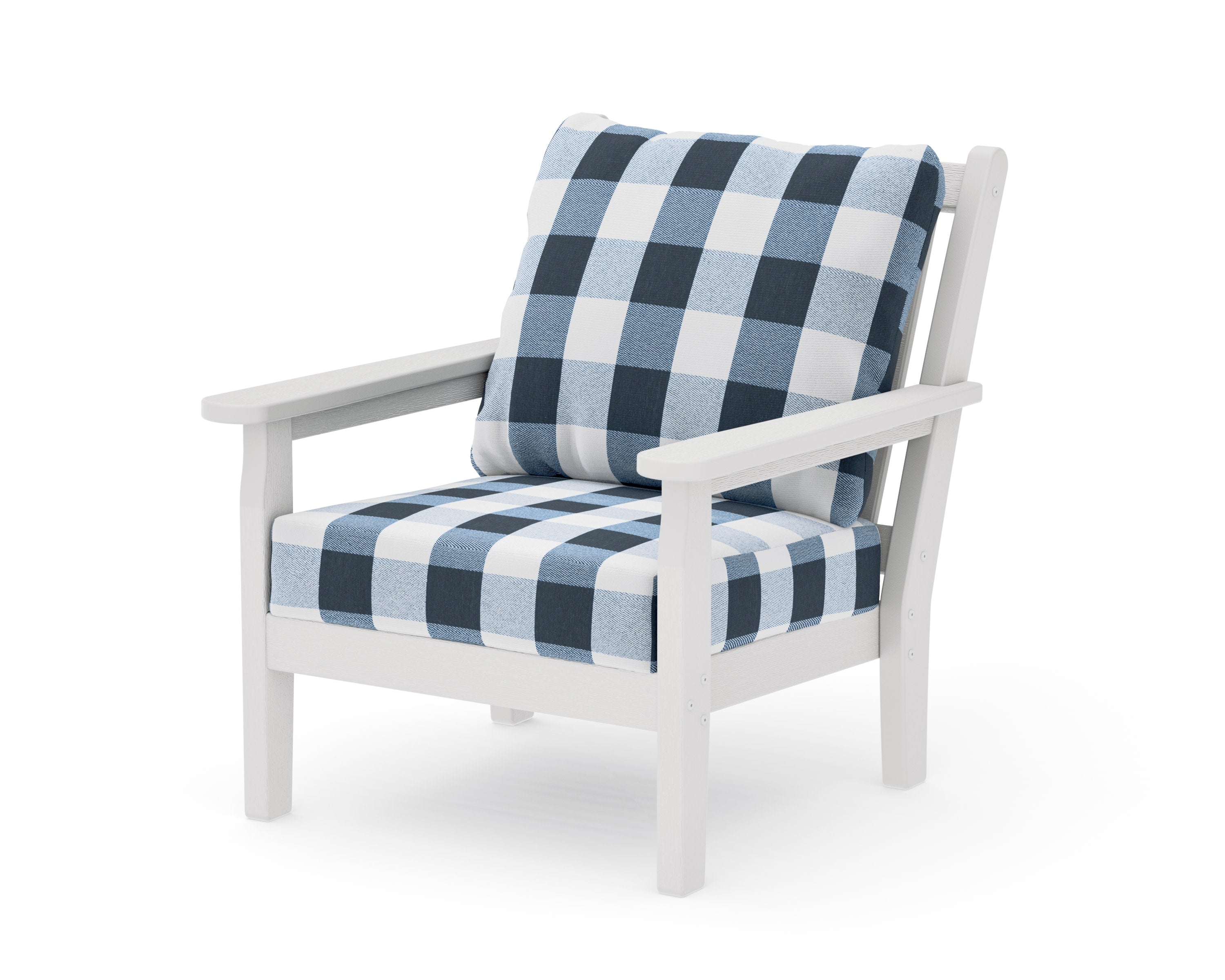 Chippendale Deep Seating Chair in Vintage White / Buffalo Plaid Marine Indigo