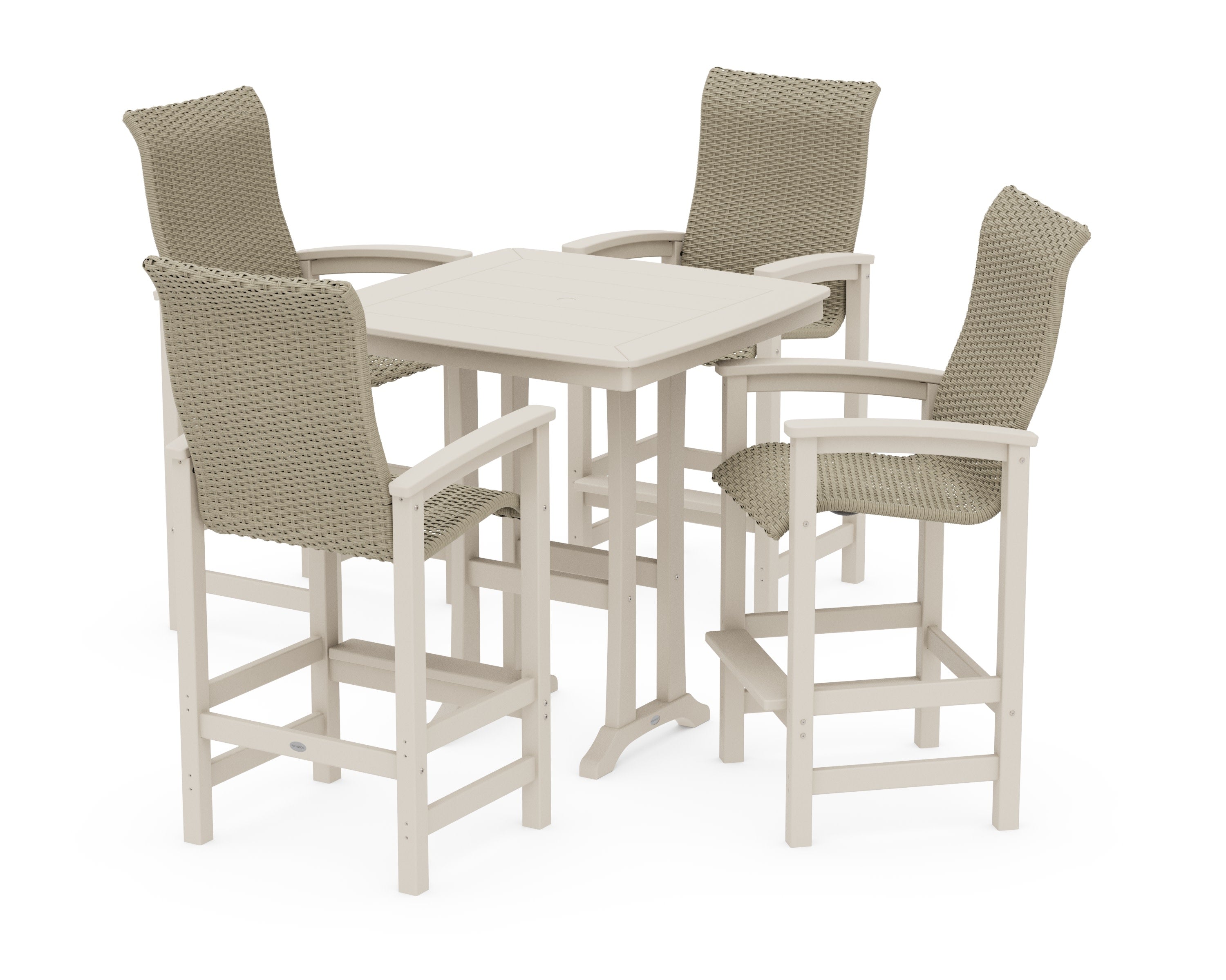 Coastal Woven High-Back 5-Piece Bar Set with Trestle Legs in Sand / Dune Grass