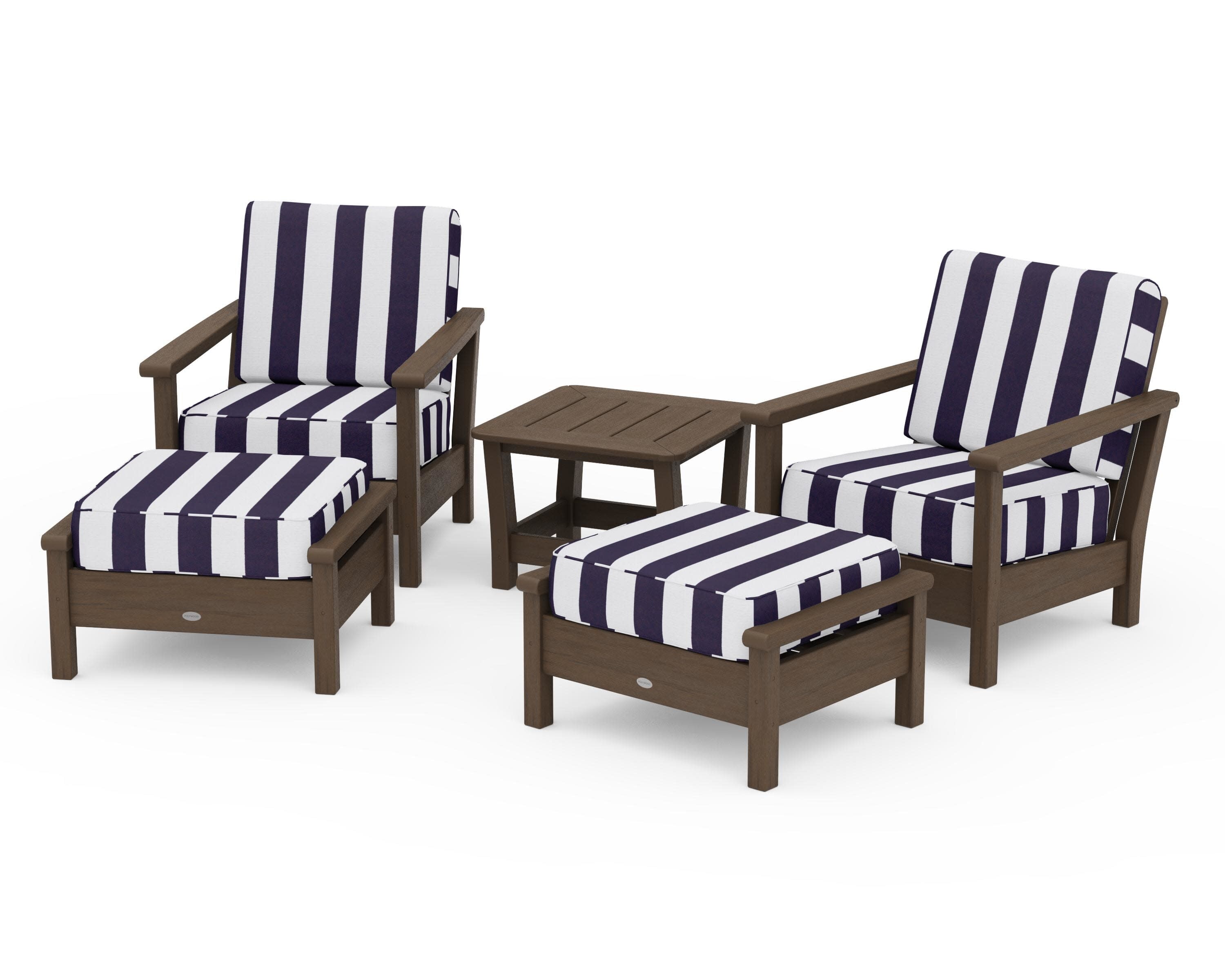 Harbour 5-Piece Deep Seating Chair Set in Kona / Cabana Stripe Navy