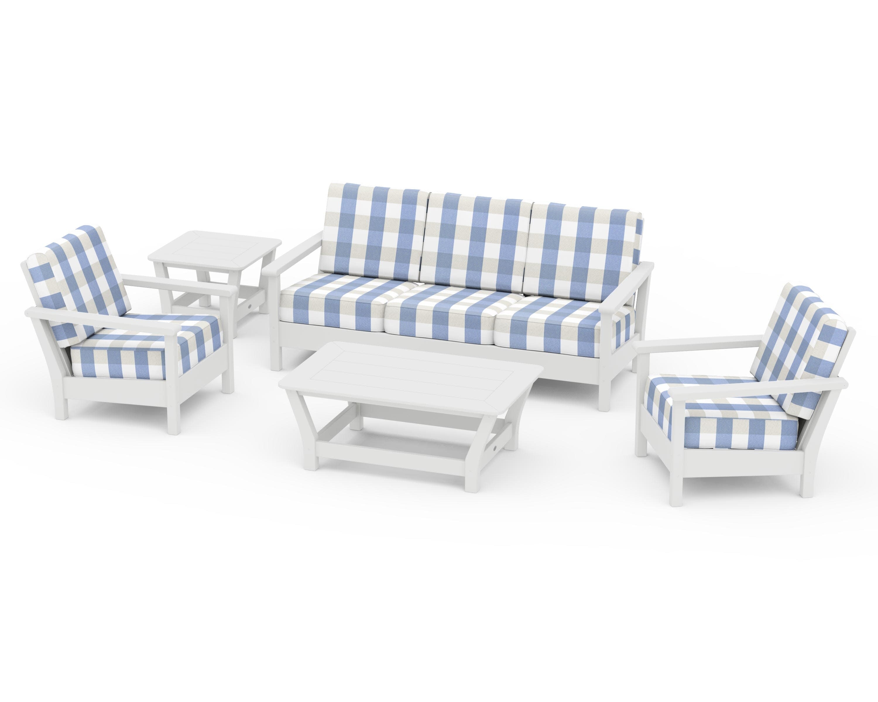 Harbour 5-Piece Deep Seating Set in White / Buffalo Plaid Sky Blue