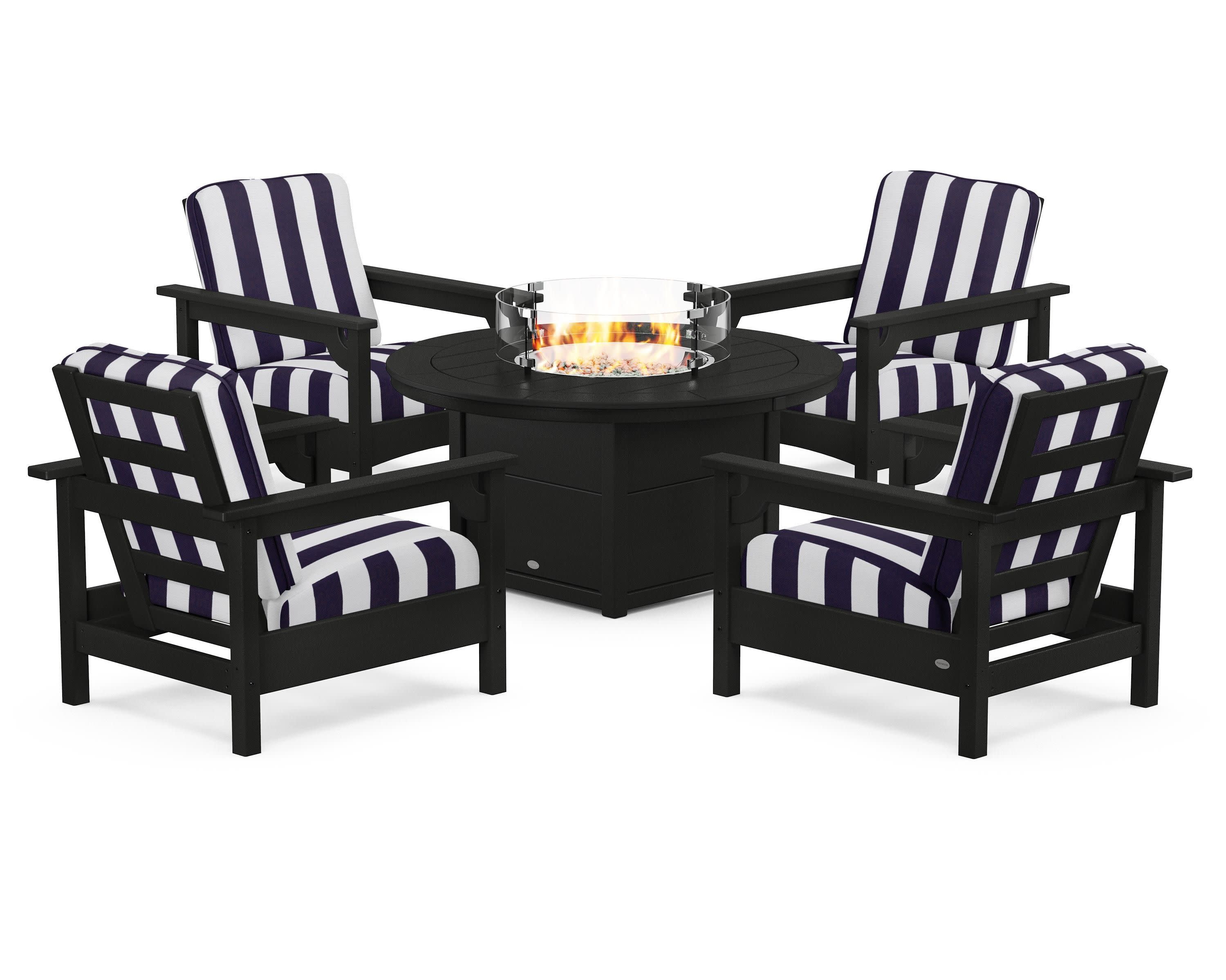 Club 5-Piece Conversation Set with Fire Pit Table in Black / Cabana Stripe Navy