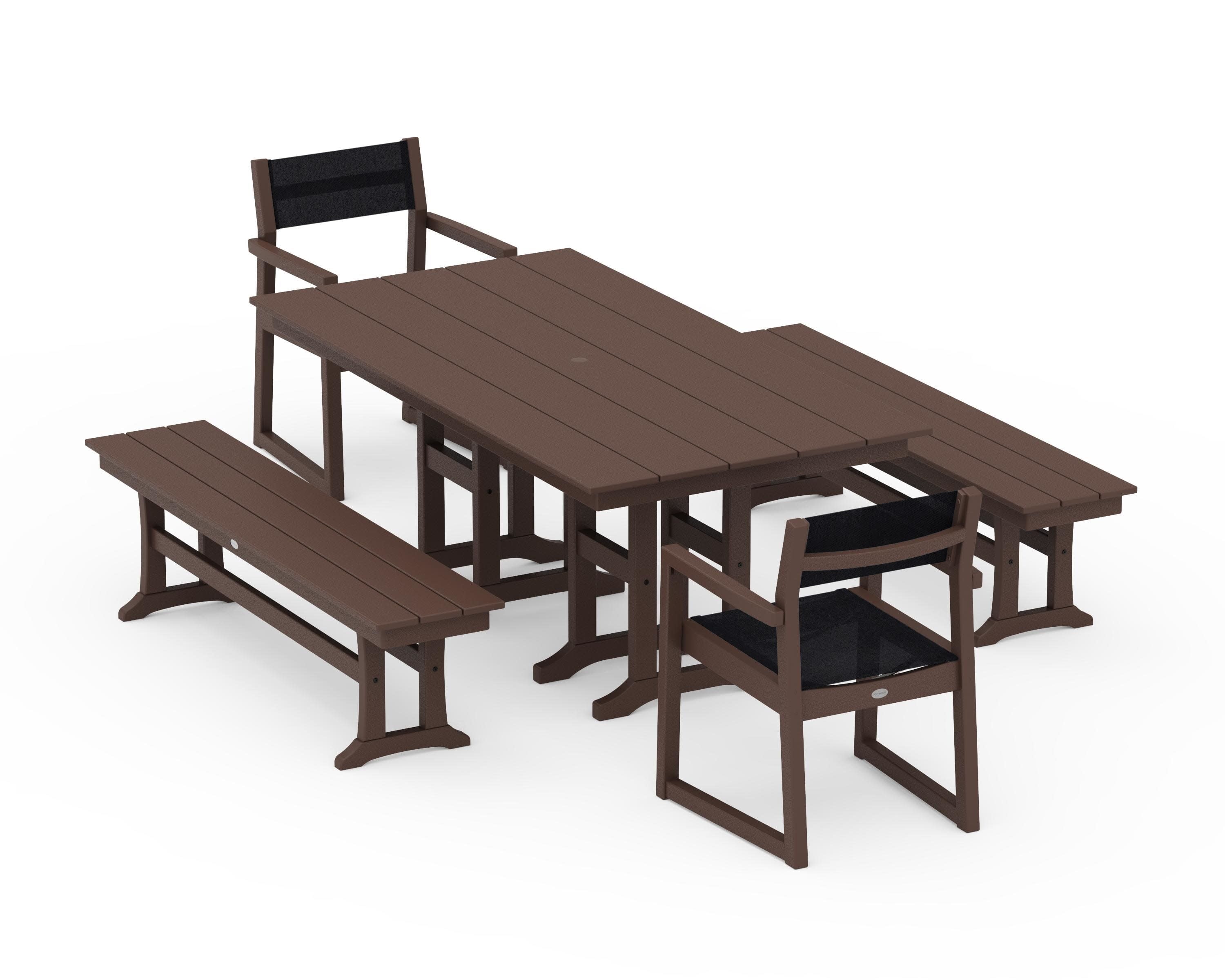 EDGE Sling Arm Chair 5-Piece Farmhouse Dining Set with Benches in Mahogany / Black Sling