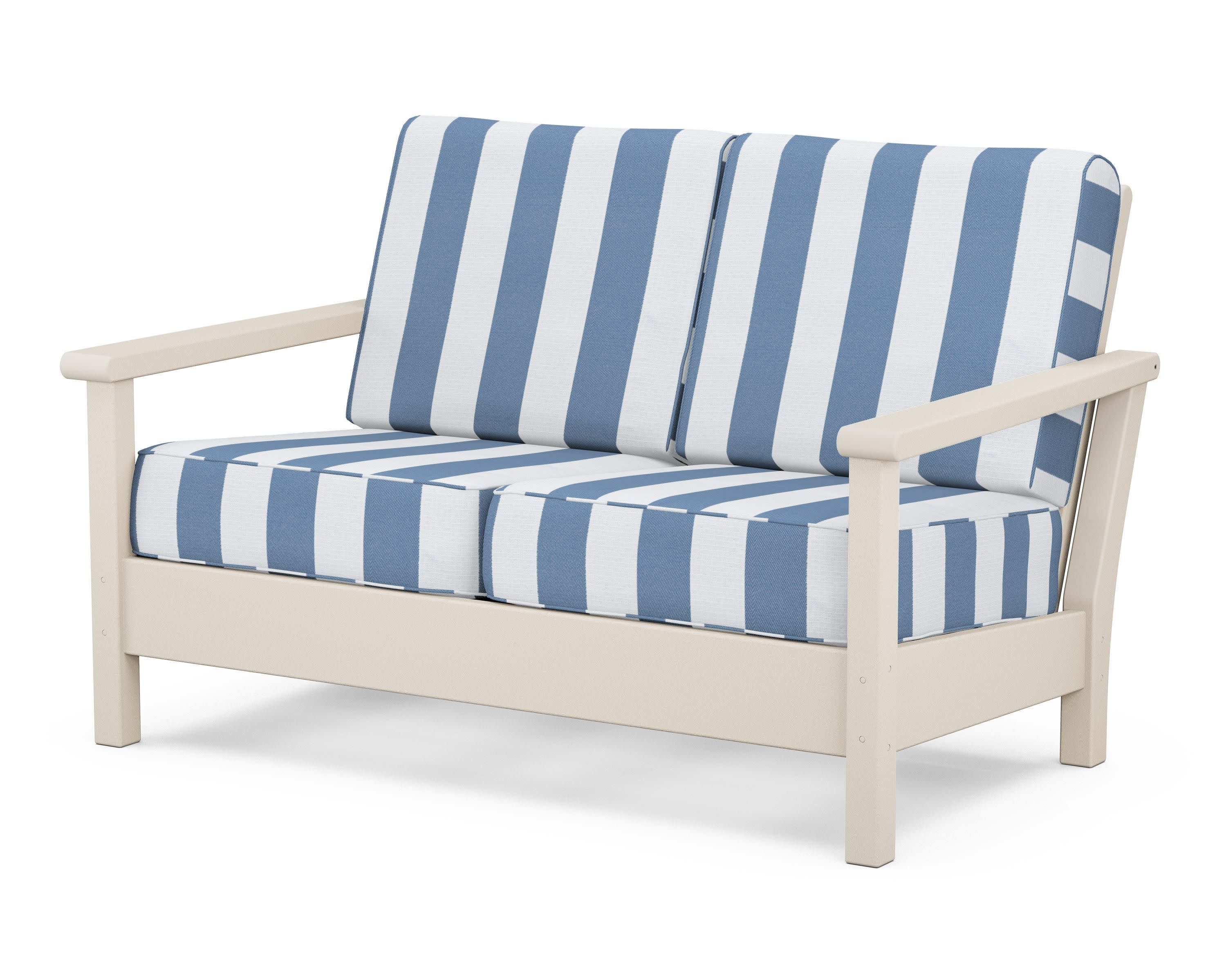 Harbour Deep Seating Loveseat in Sand / Cabana Stripe Sky Blue