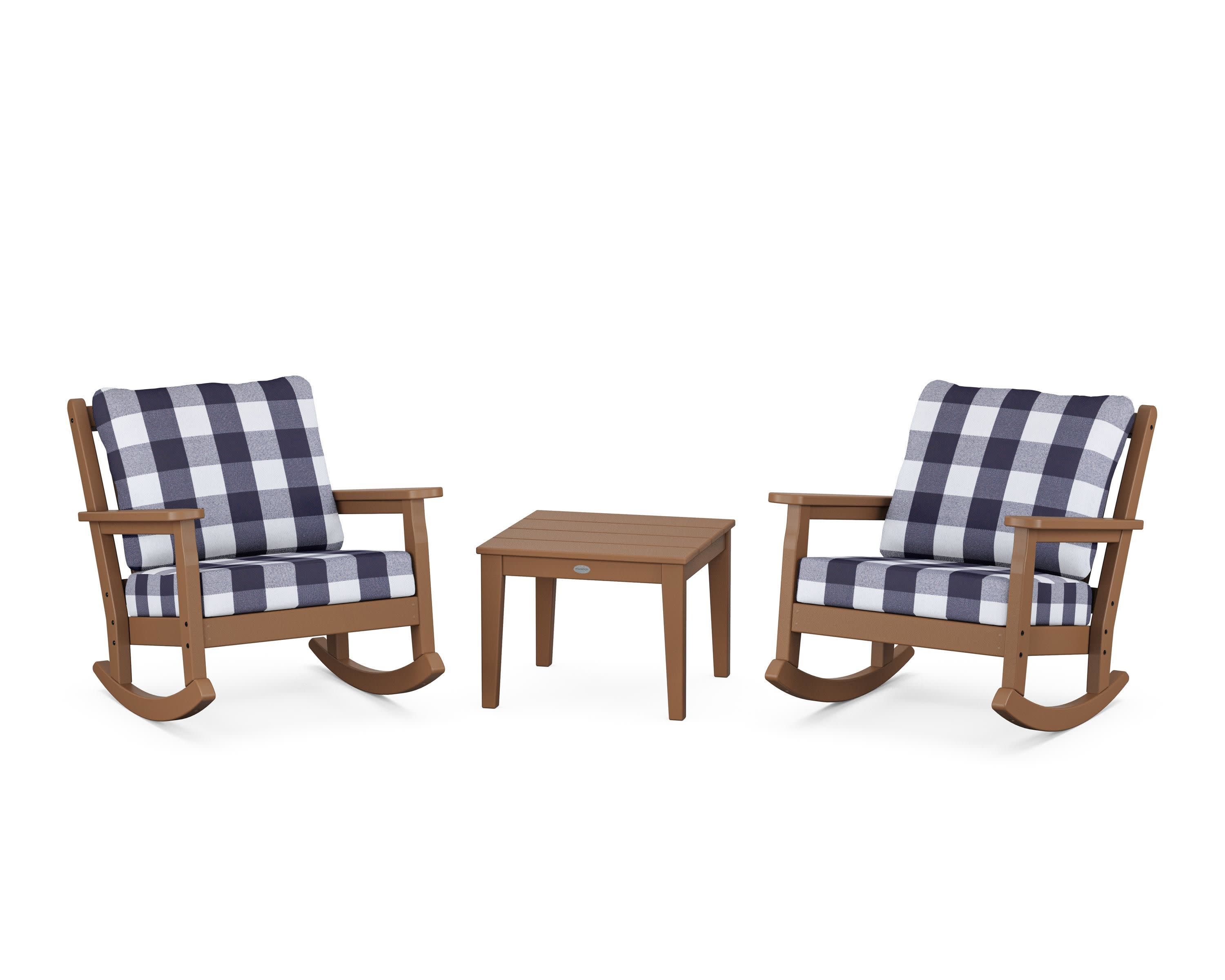 Chippendale 3-Piece Deep Seating Rocker Set in Teak / Buffalo Plaid Navy