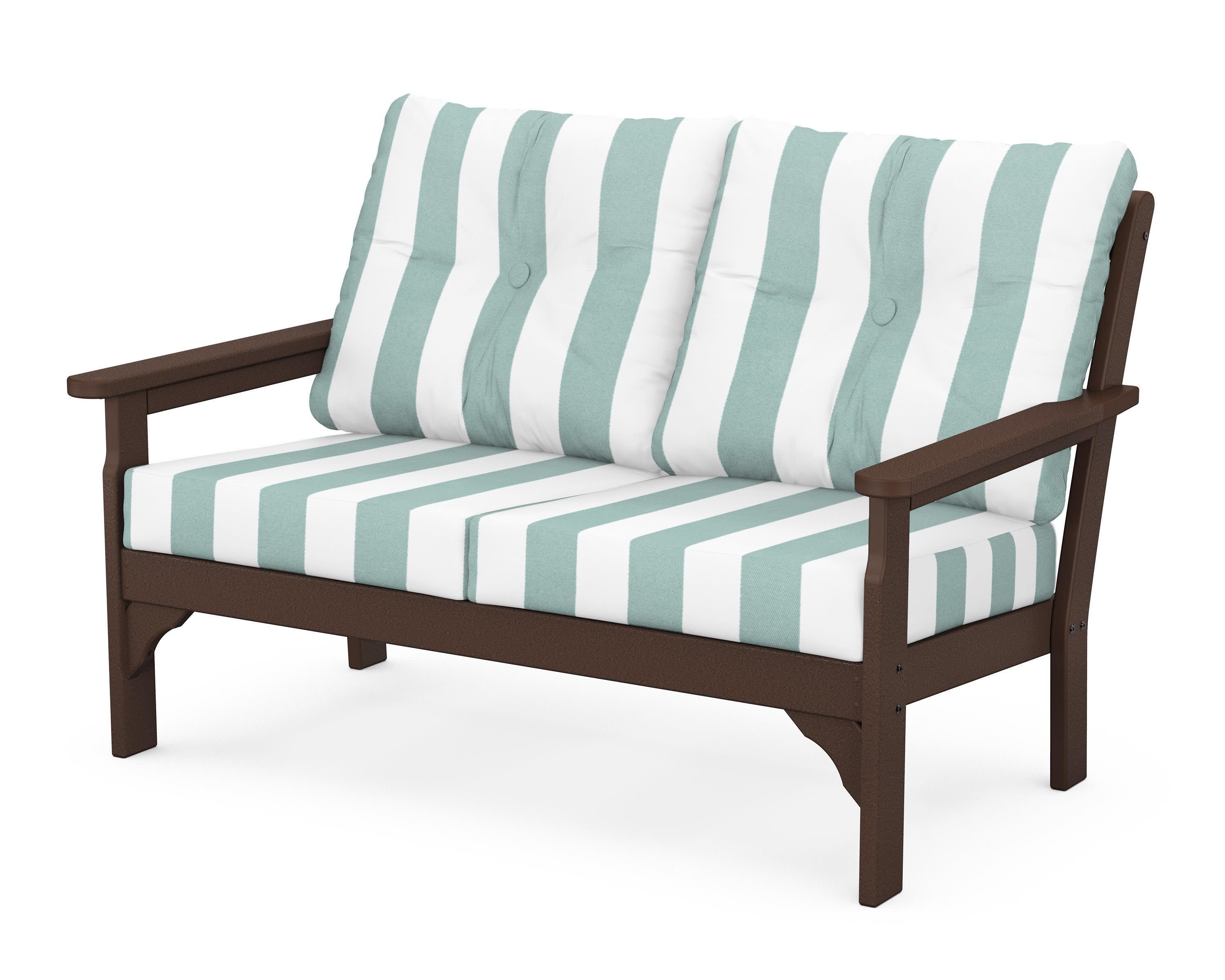Vineyard Deep Seating Loveseat in Mahogany / Cabana Stripe Glacier Spa