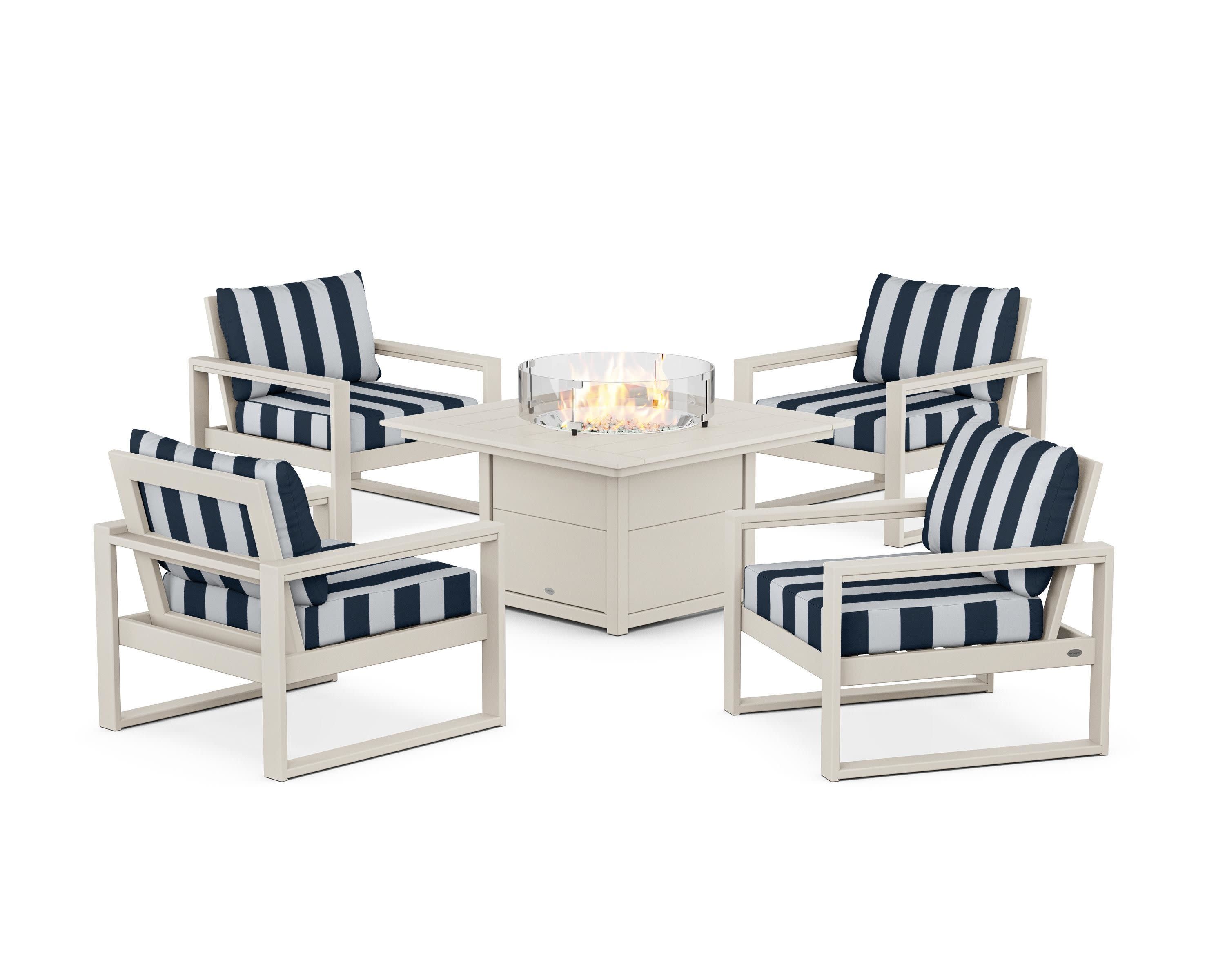 EDGE Sectional 5-Piece Deep Seating Set with Fire Pit Table in Sand / Cabana Stripe Marine Indigo