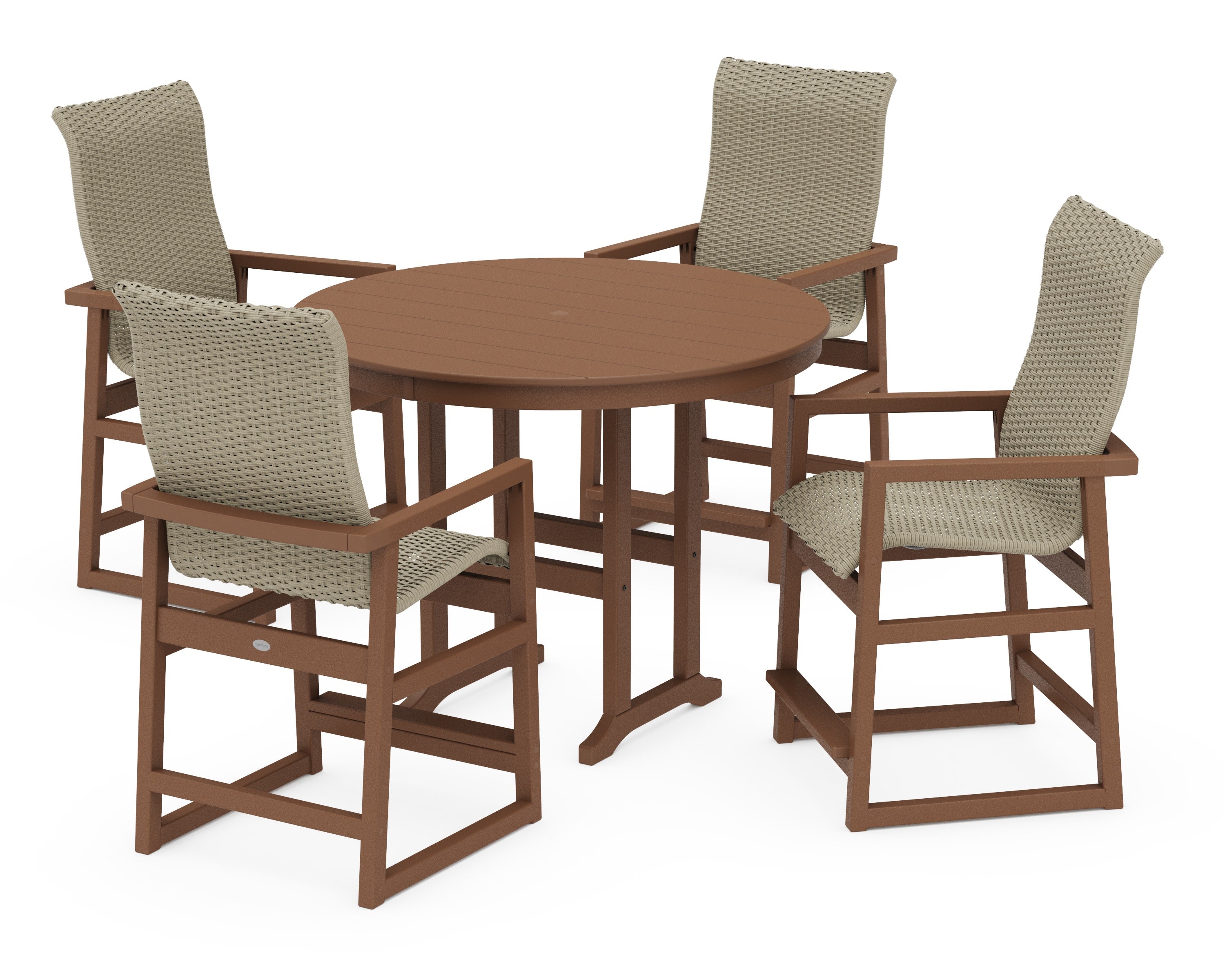 EDGE Woven Highback 5-Piece Round Farmhouse Counter Set in Teak / Dune Grass