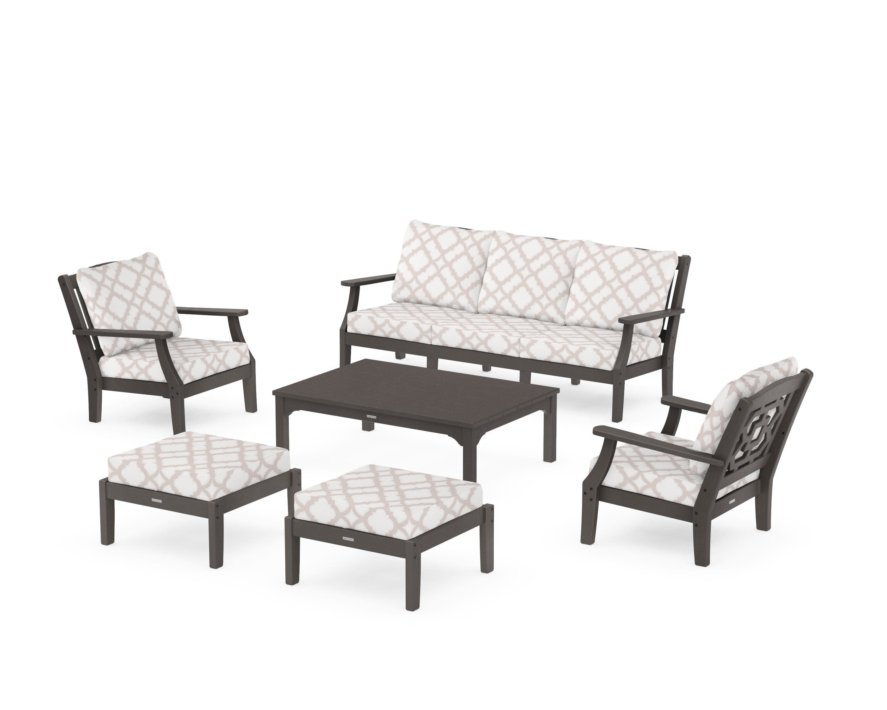 Chinoiserie 6-Piece Lounge Sofa Set in Vintage Coffee / Trellis Dune Burlap