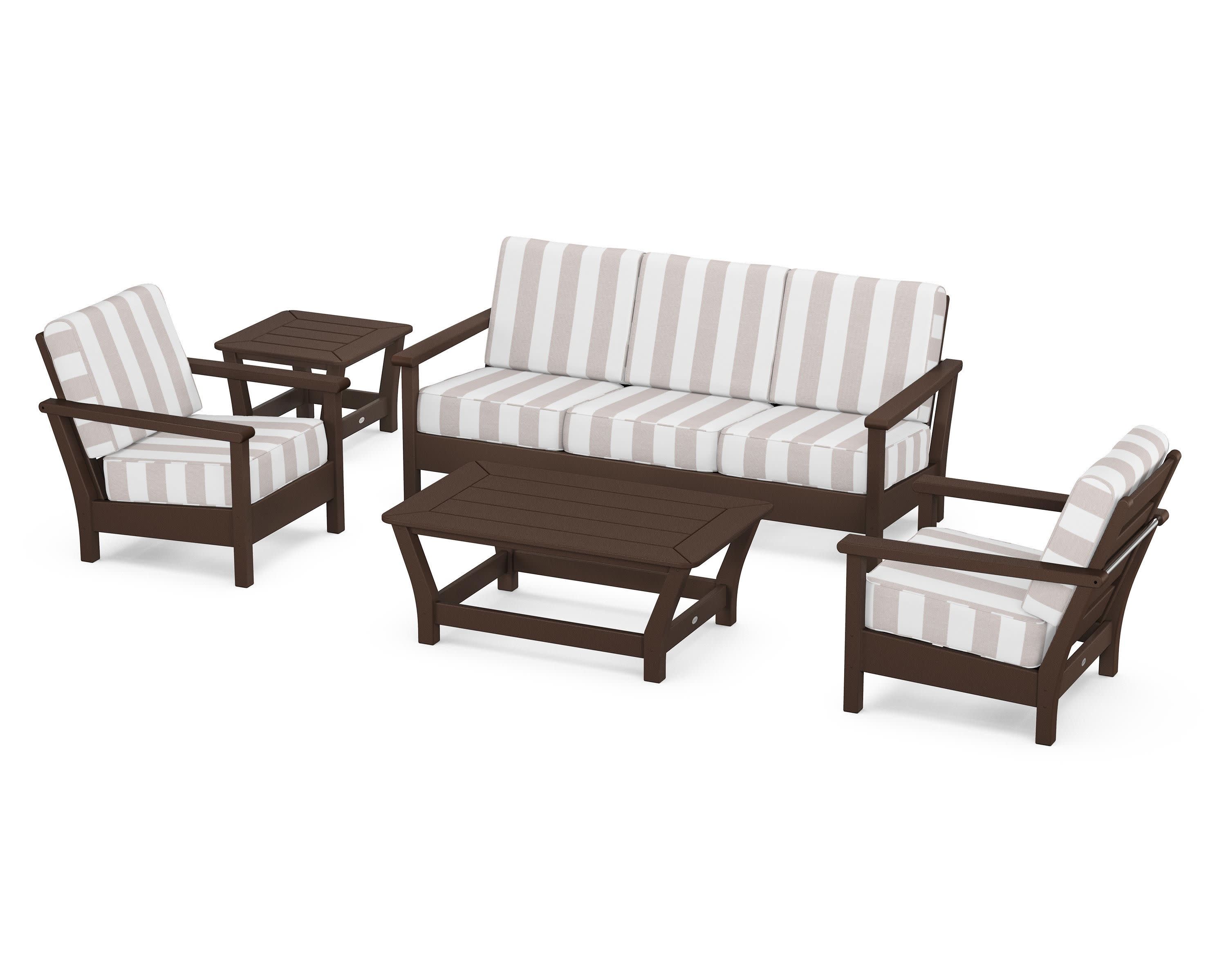 Harbour 5-Piece Deep Seating Set in Mahogany / Cabana Stripe Dune Burlap