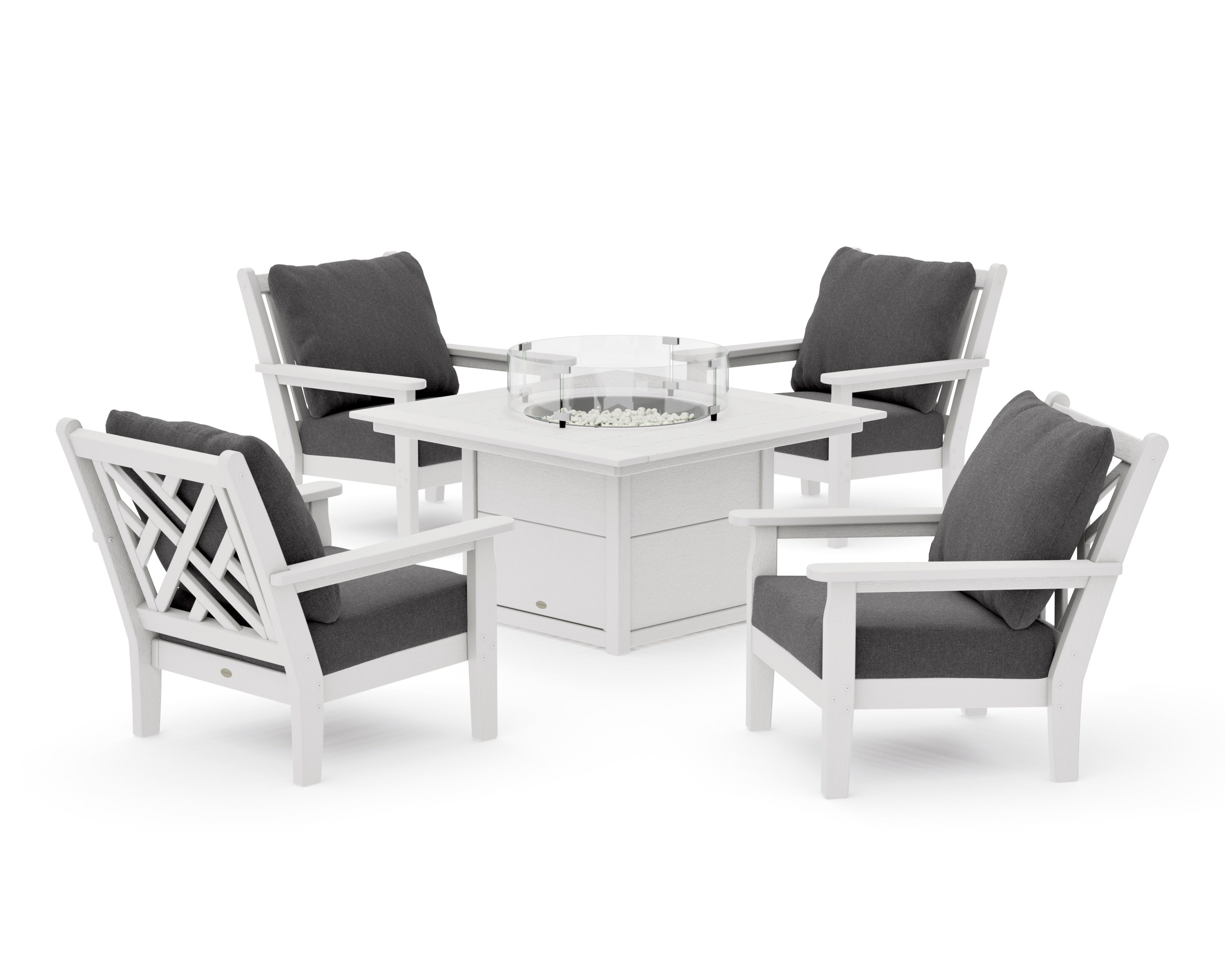 Chippendale 5-Piece Deep Seating Set with Fire Pit Table in Vintage White / Ash Charcoal
