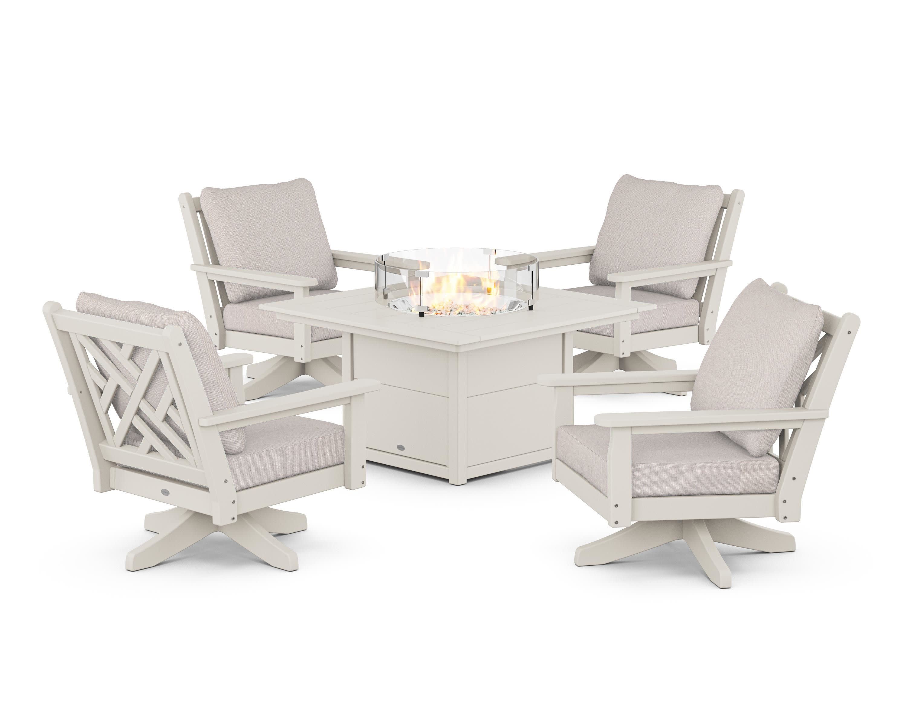 Chippendale 5-Piece Deep Seating Swivel Conversation Set with Fire Pit Table in Sand / Dune Burlap